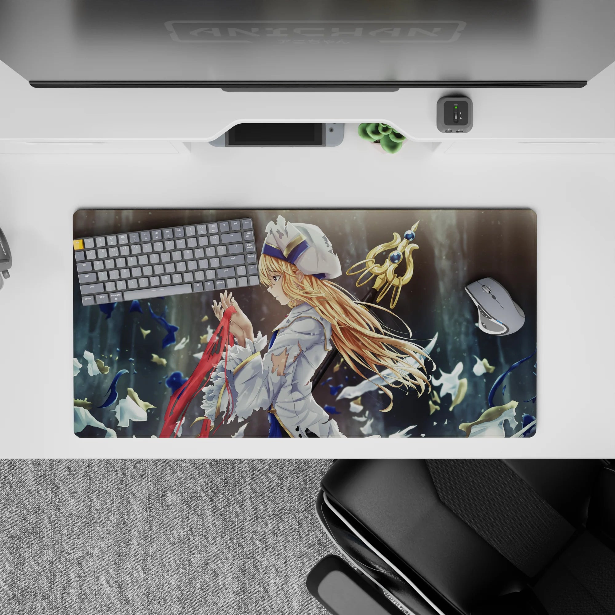 32x16 inches anime girl mouse pad in cool stormy blues and smoky gray, calm serious vibe, white petals.