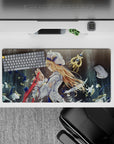 32x16 inches anime girl mouse pad in cool stormy blues and smoky gray, calm serious vibe, white petals.
