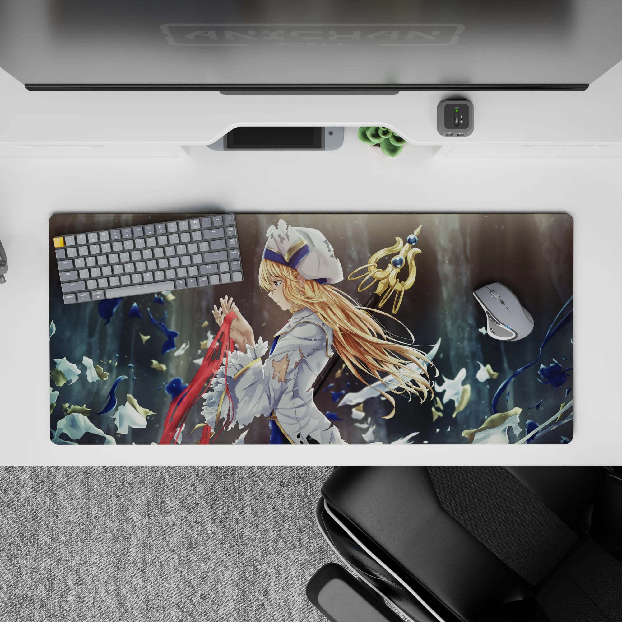 Stormy blue and smoky gray anime desk pad 36x16 inches with cool blizzard petals and gold highlights.