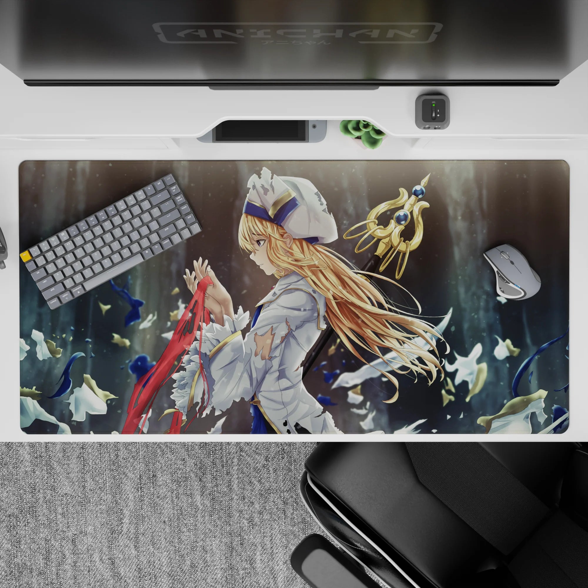 Stormy blue and smoky gray anime girl desk pad 40x20 inches with cool blizzard vibe and red ribbon.