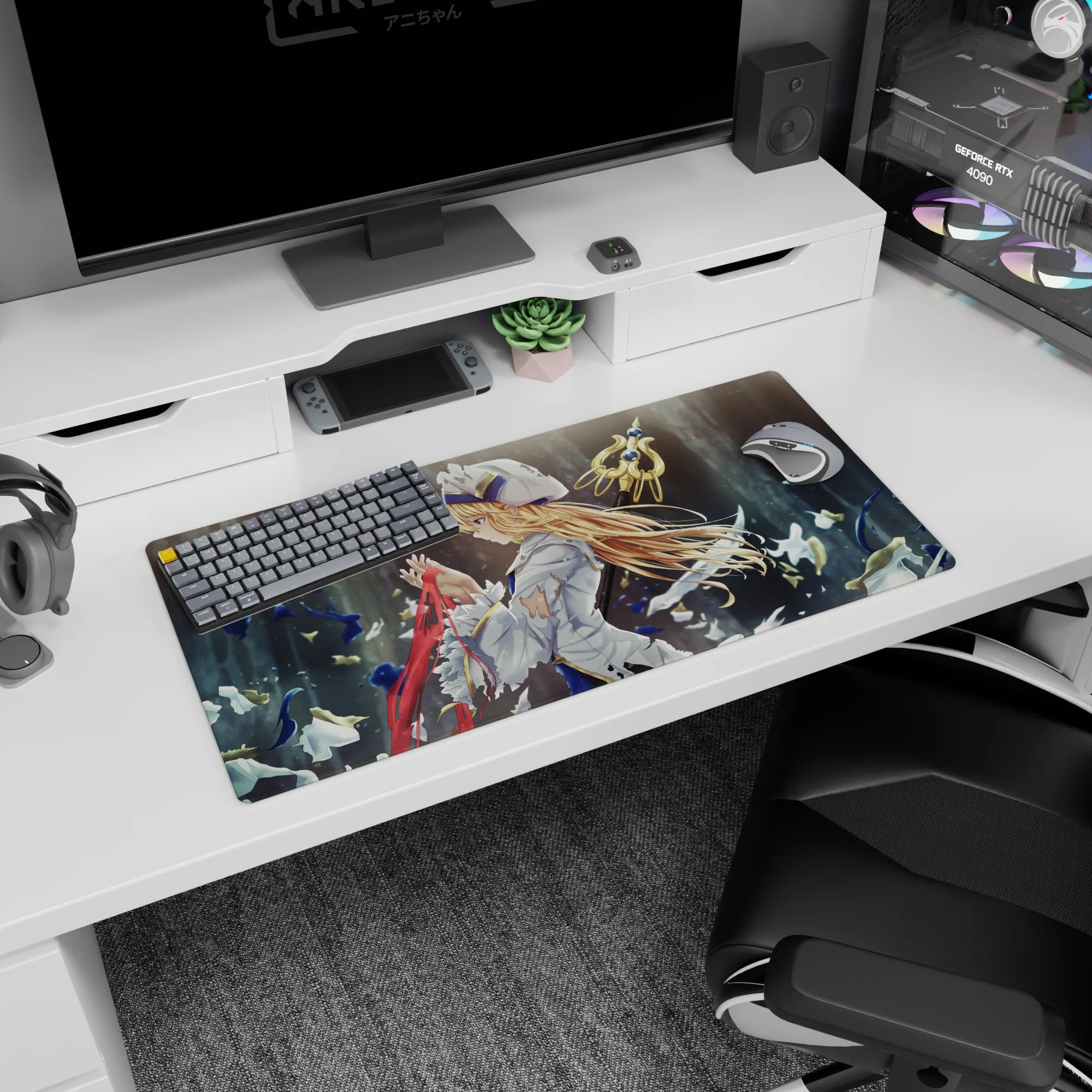 32x16 inches Jean Genshin Impact mouse pad, blonde knight with red ribbon, glowing hair, sword and wind.