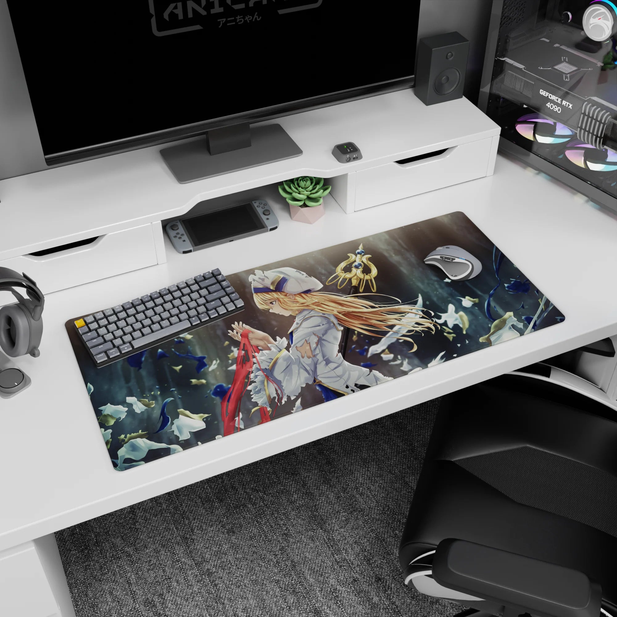 Jean from Genshin Impact anime desk pad 36x16 inches, blonde knight with red ribbon and glowing sword.