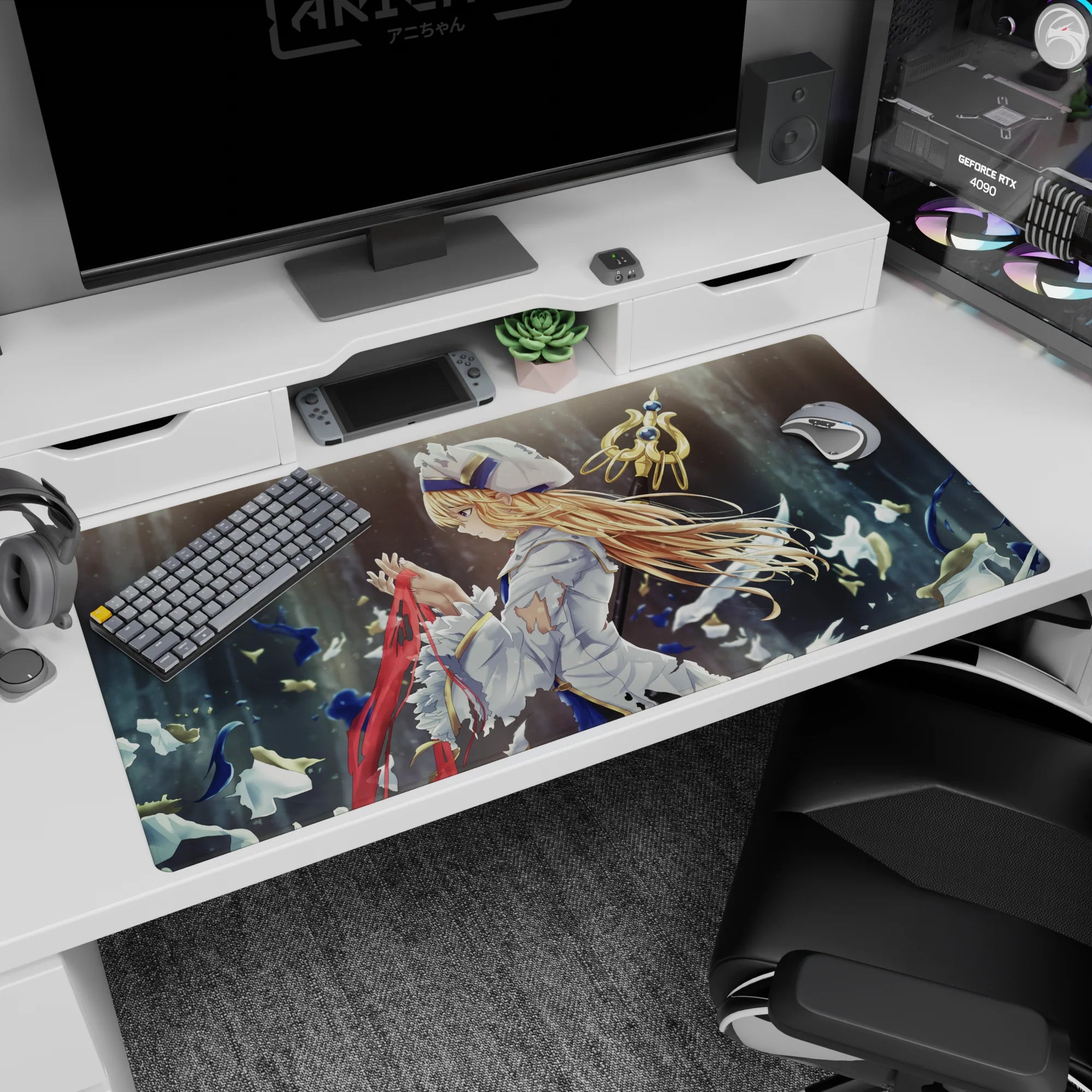 Jean from Genshin Impact on an anime girl desk pad 40x20 inches, calm knight pose with windswept hair.