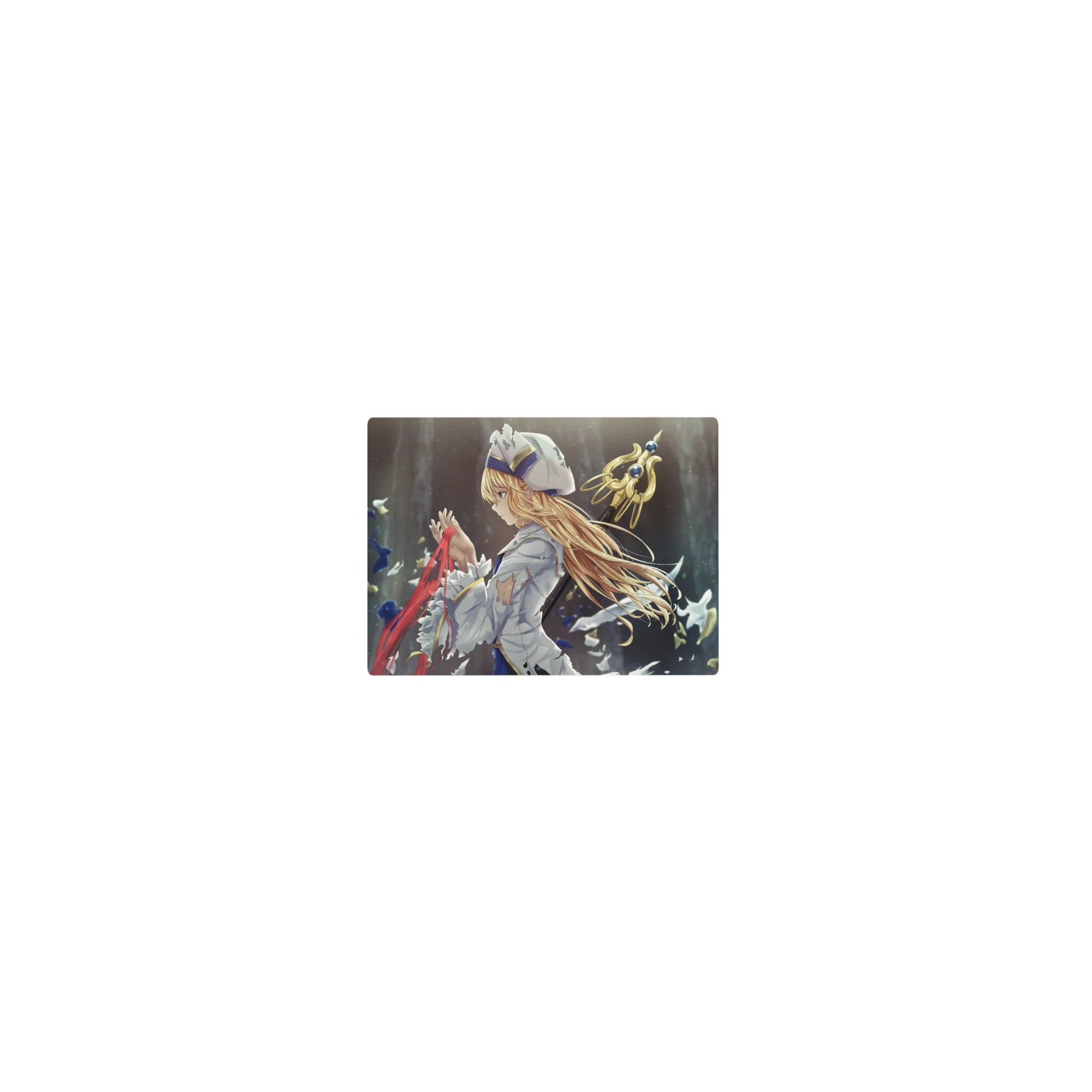 Classic anime girl mouse pad 14x10 inches with knight heroine, sword, petals, and stormy blue desk art.