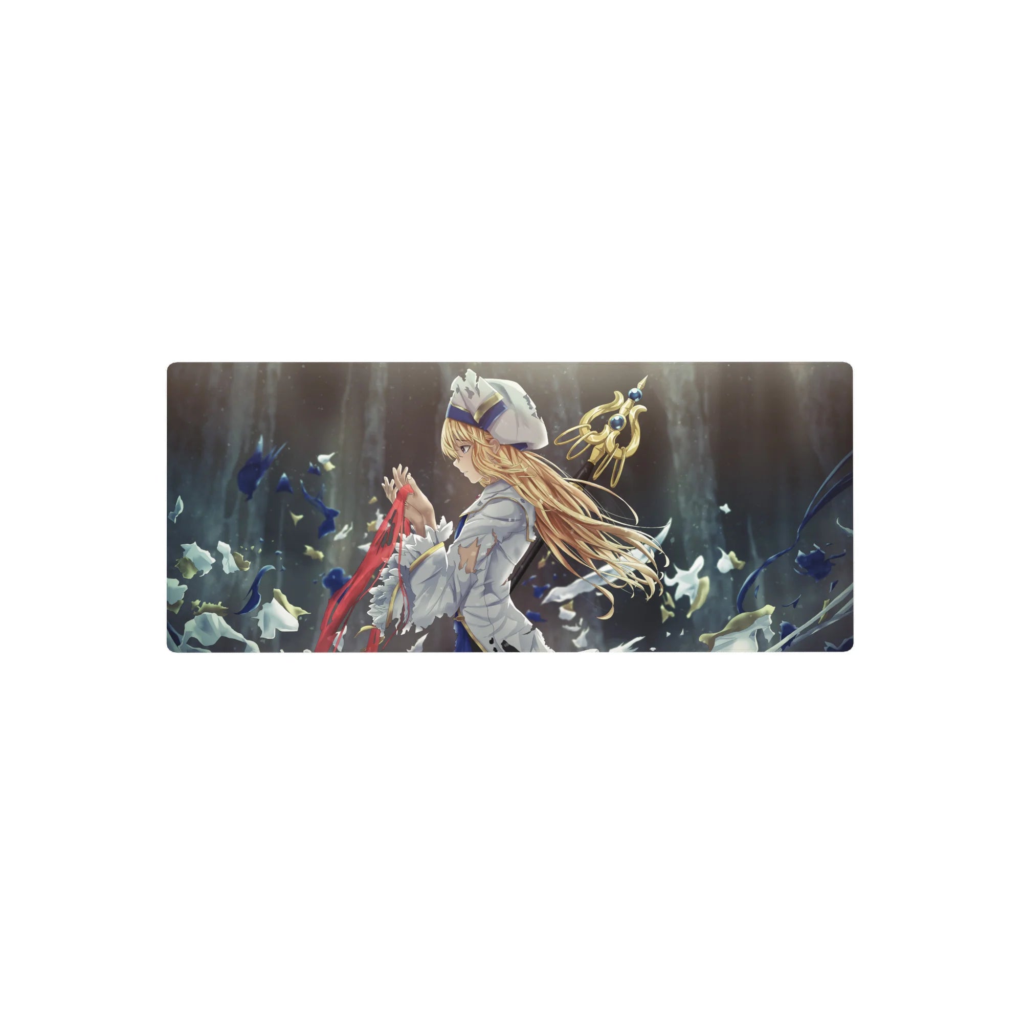 28x12 inches anime girl mouse pad with blonde knight, sword, wind petals, and gold accents.