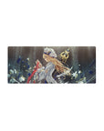 28x12 inches anime girl mouse pad with blonde knight, sword, wind petals, and gold accents.