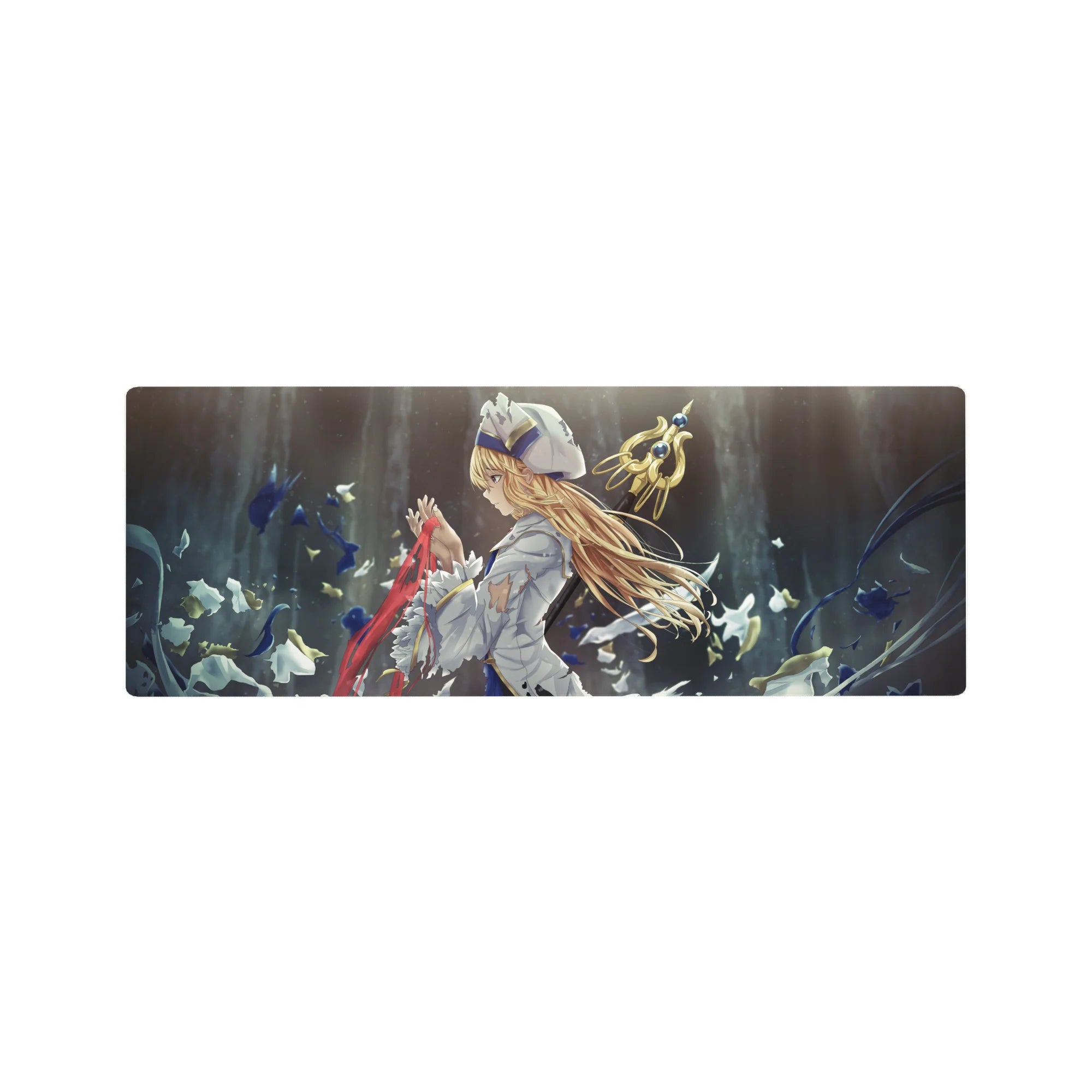 32x12 inches anime girl mouse pad with knightly heroine, stormy blues, gold sword accents, flying petals.
