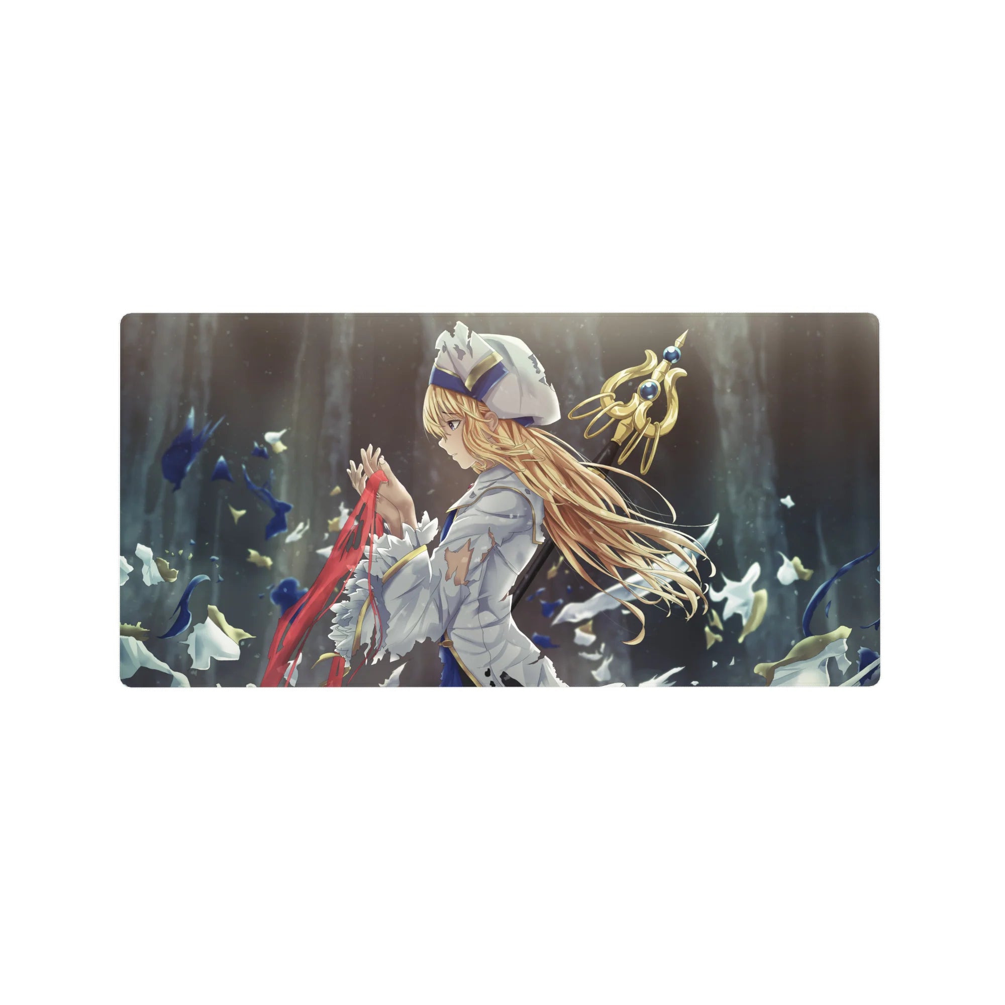 32x16 inches anime girl mouse pad with knight heroine, stormy blue-gray art, petals, gold sword accents.