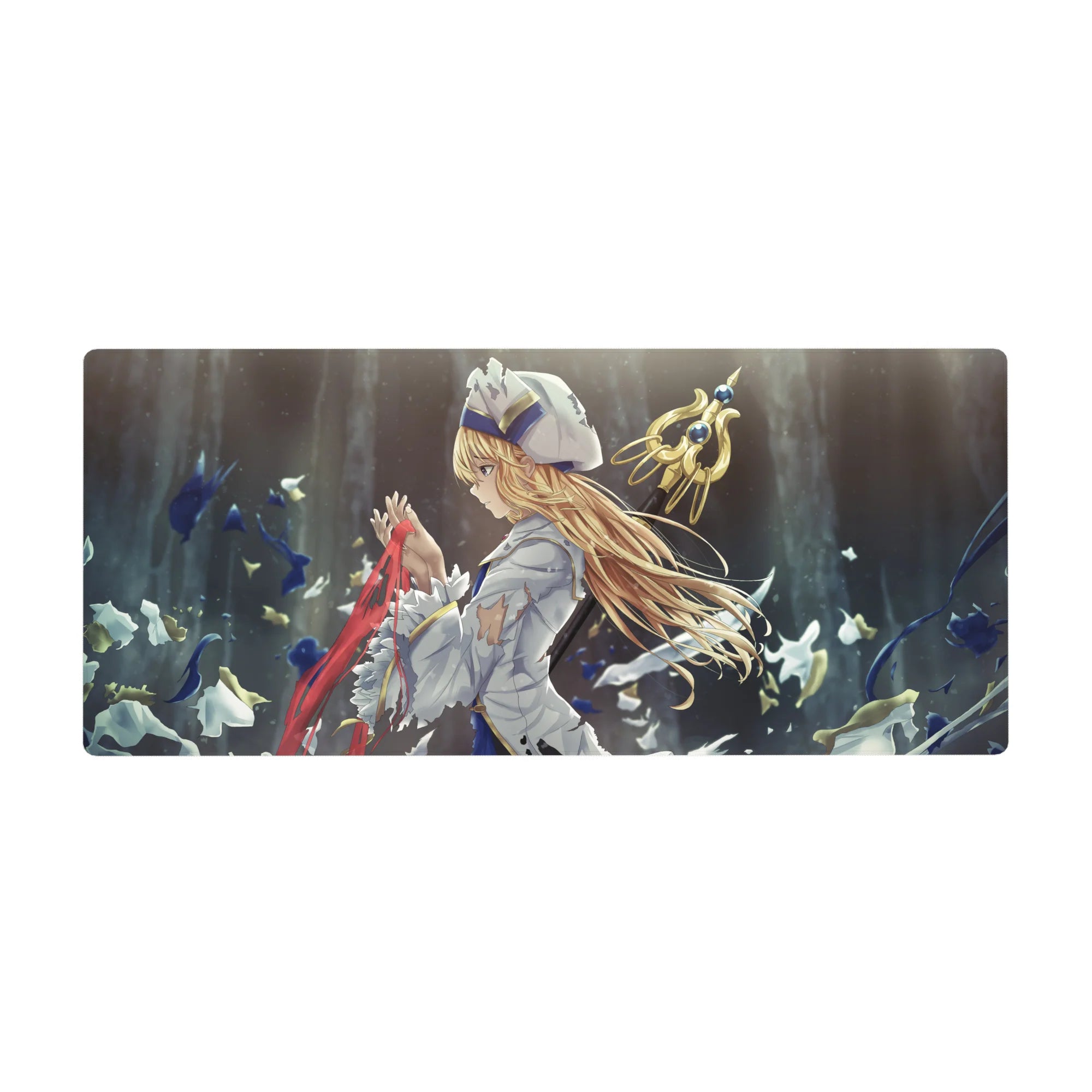 Anime girl desk pad 36x16 inches with knight-themed blonde character, sword accents, and flying petals.