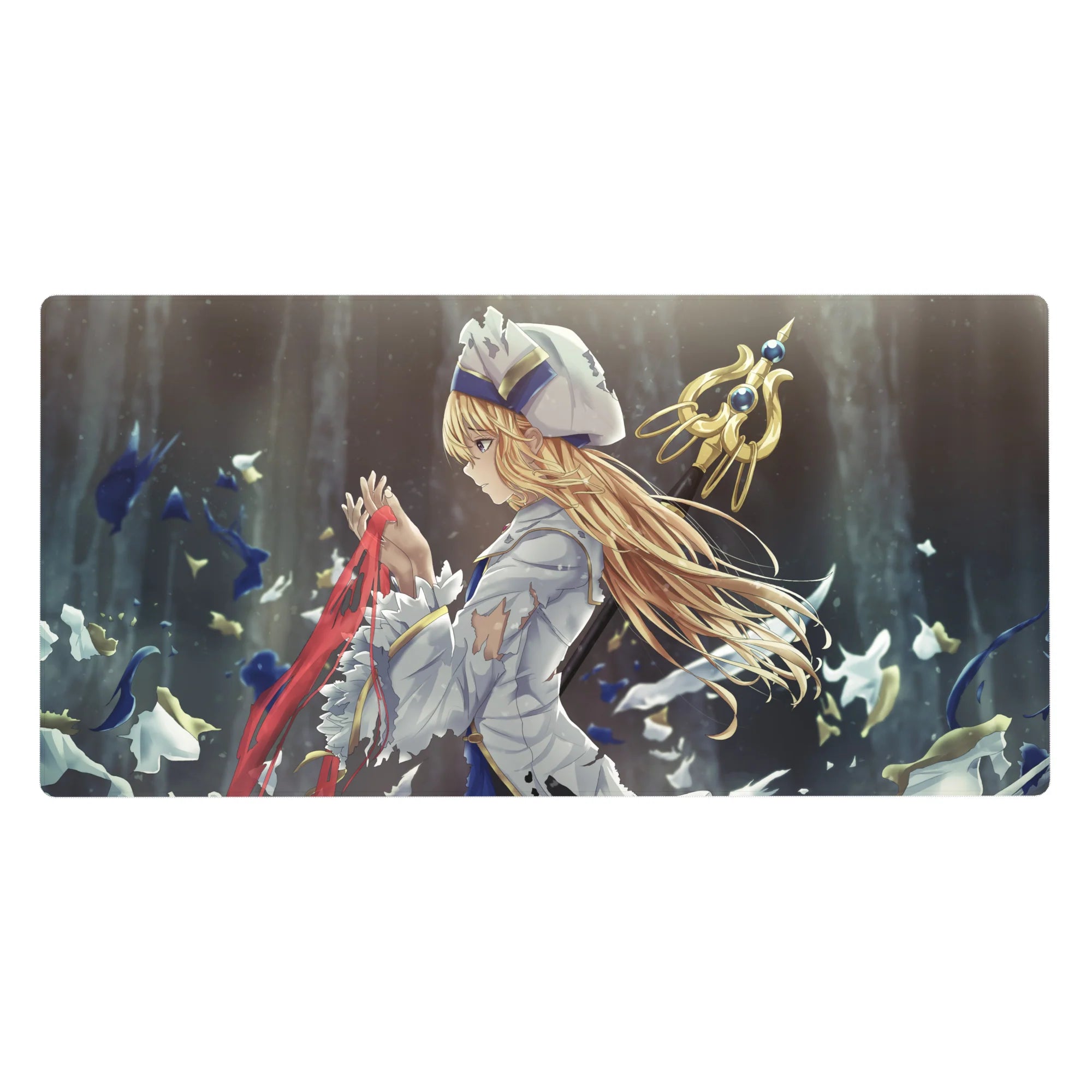 Anime girl desk pad 40x20 inches with blonde knight, gold sword accents, and flying white paper petals.