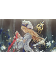 Anime girl desk pad 40x20 inches with blonde knight, gold sword accents, and flying white paper petals.