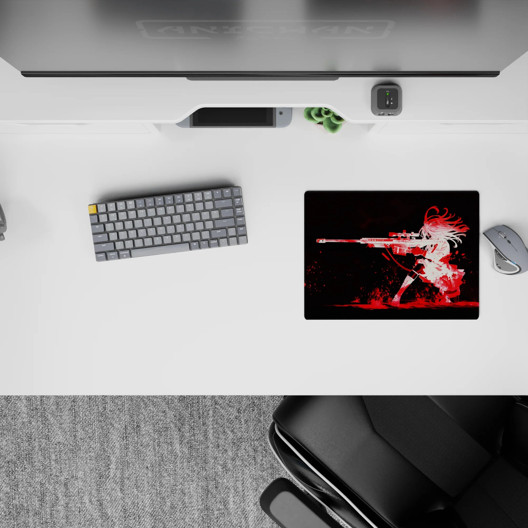 Black background with crimson splatter and white silhouette, bold edgy anime mouse pad 14x10 inches.