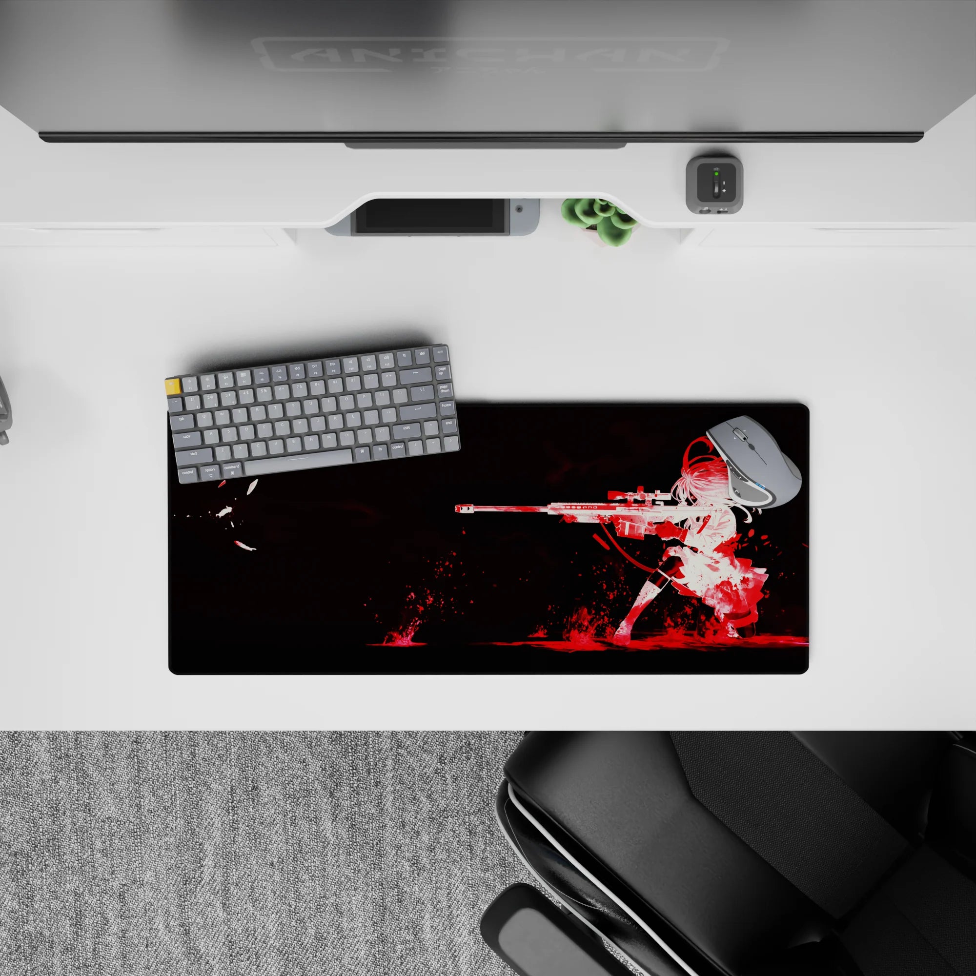 28x12 inches anime girl mouse pad in deep black, white silhouette, and crimson ink burst for dramatic mood.