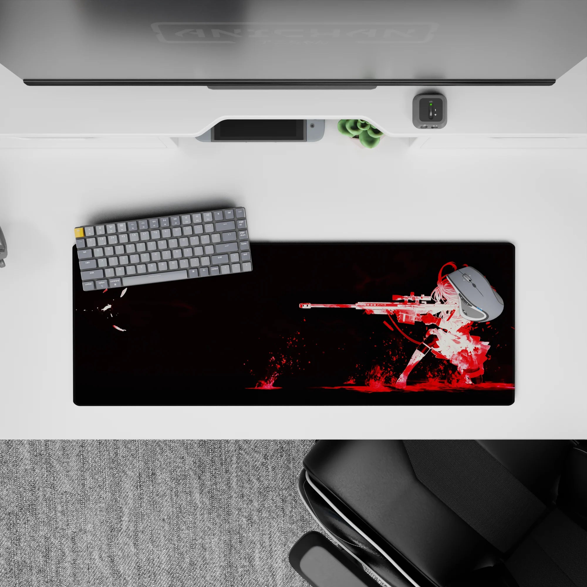 32x12 inches anime girl mouse pad in deep black, clean white, and crimson ink-burst for a bold edgy mood.