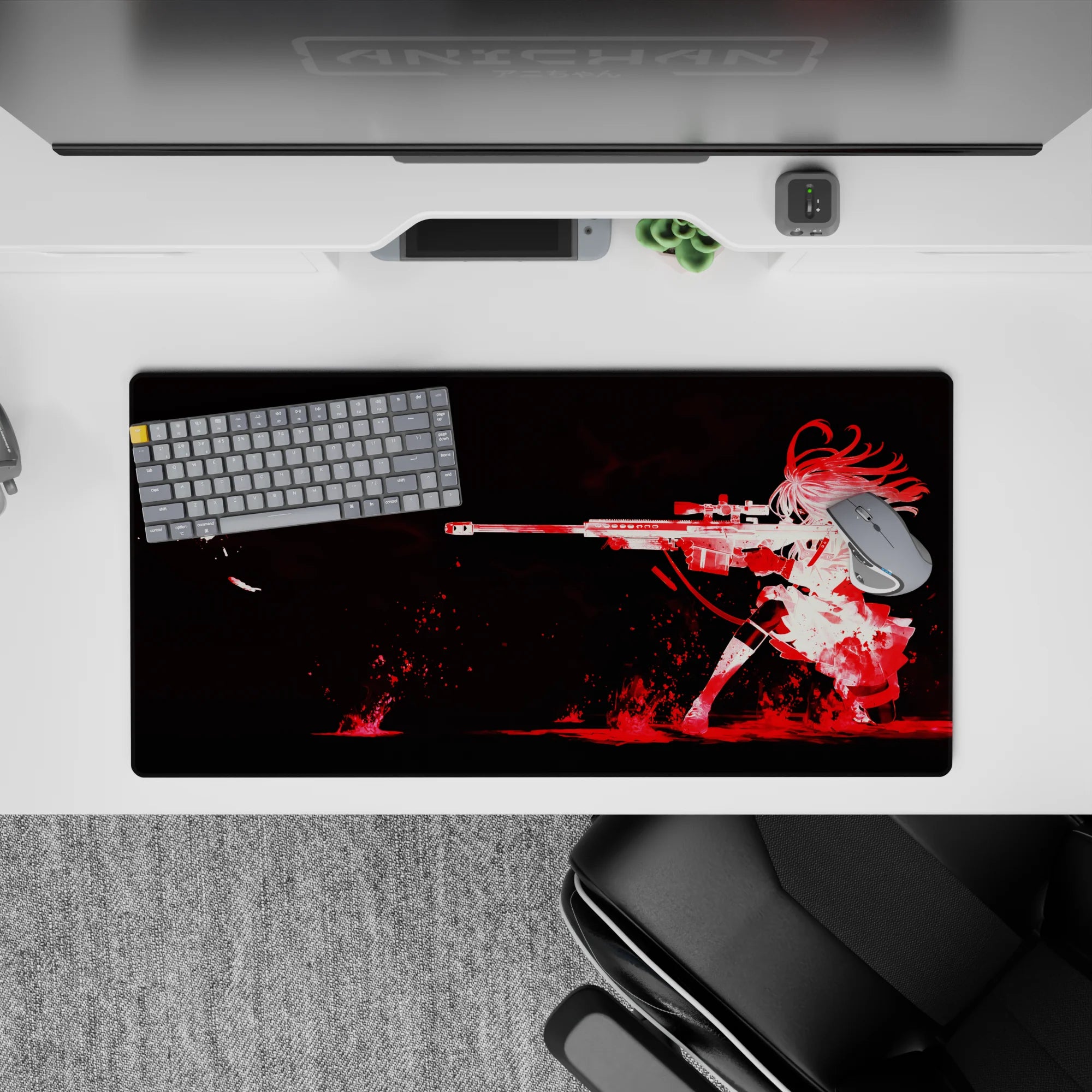 32x16 inches anime girl mouse pad in deep black with crimson ink-burst accents, bold dramatic vibe.