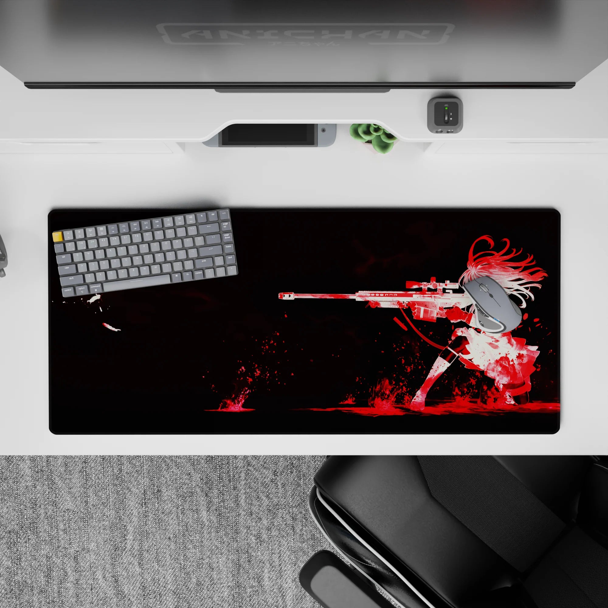 Dramatic black-and-white anime desk pad 36x16 inches with crimson ink bursts, bold edgy mood.