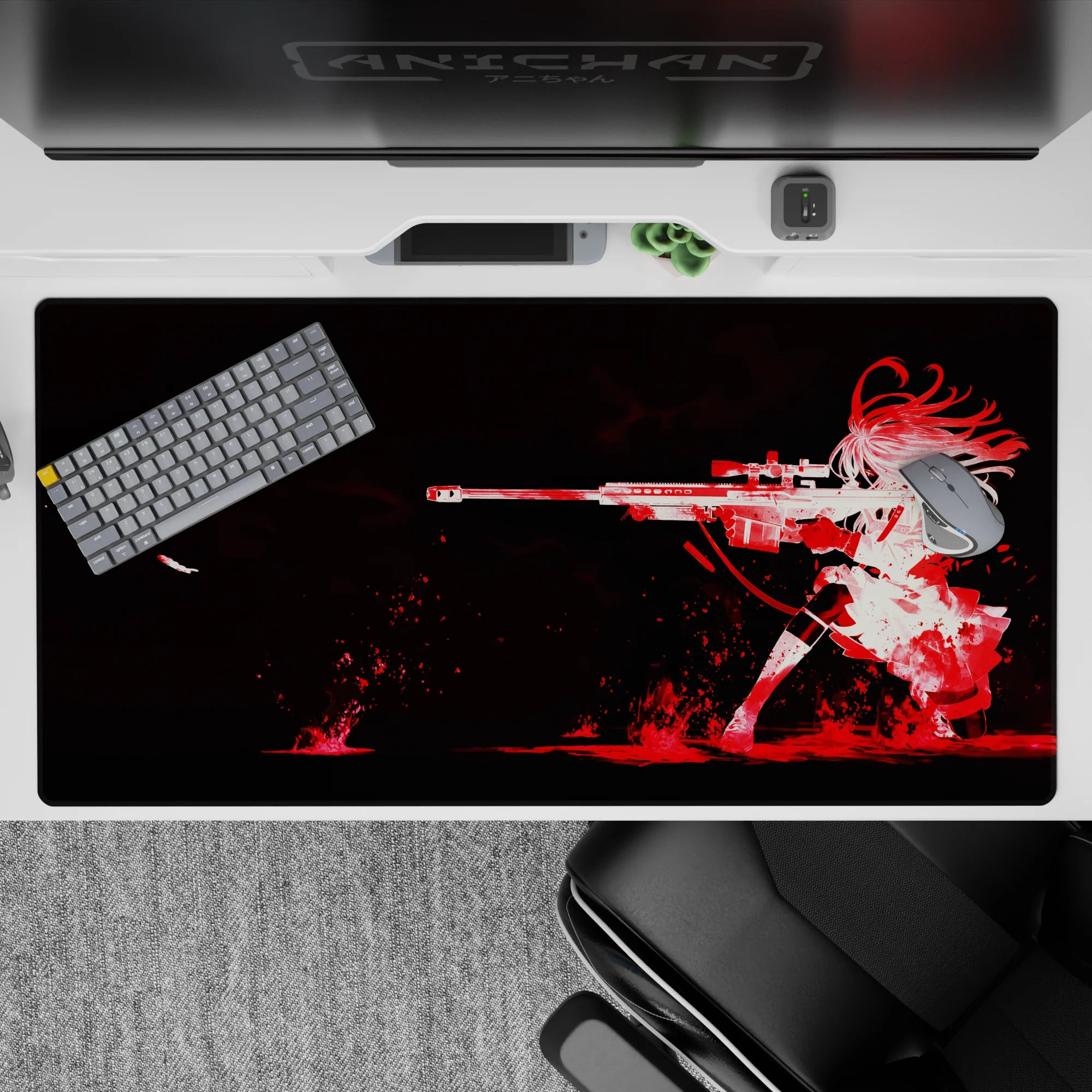 Black and white anime desk pad 40x20 inches with bold red ink burst, moody and dramatic.