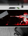 Black and white anime desk pad 40x20 inches with bold red ink burst, moody and dramatic.