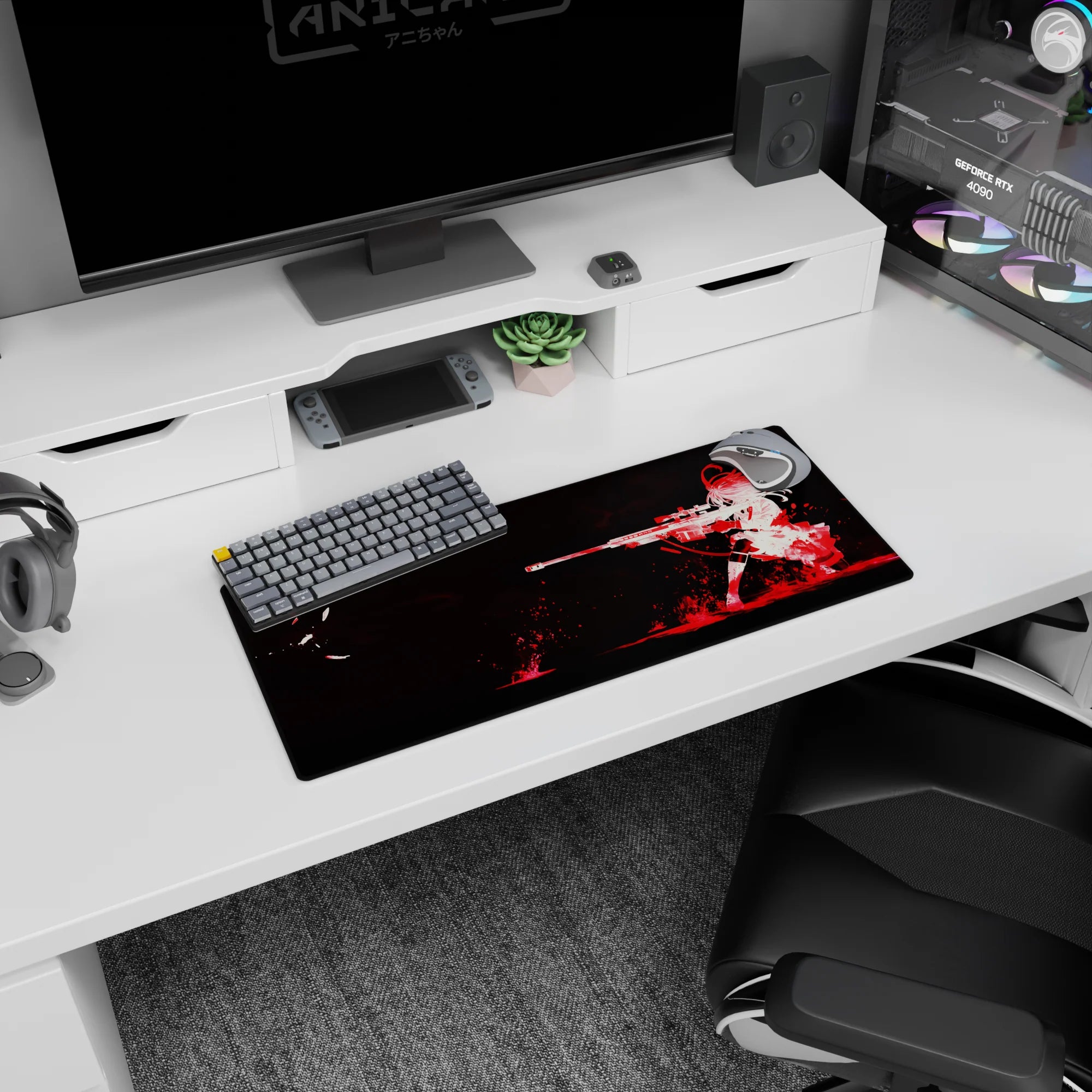 28x12 inches anime girl mouse pad showing a sharp shooter girl in a bold sniper pose with red splash motion.