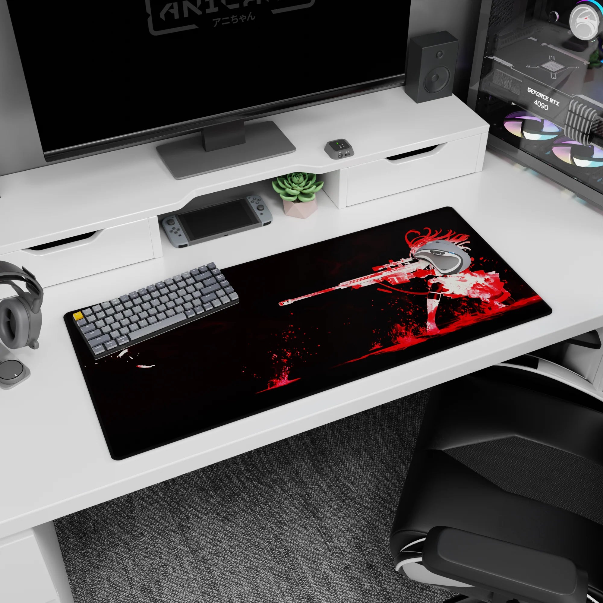 Anime sharp shooter girl in sniper pose desk pad 36x16 inches, white silhouette with red splash.