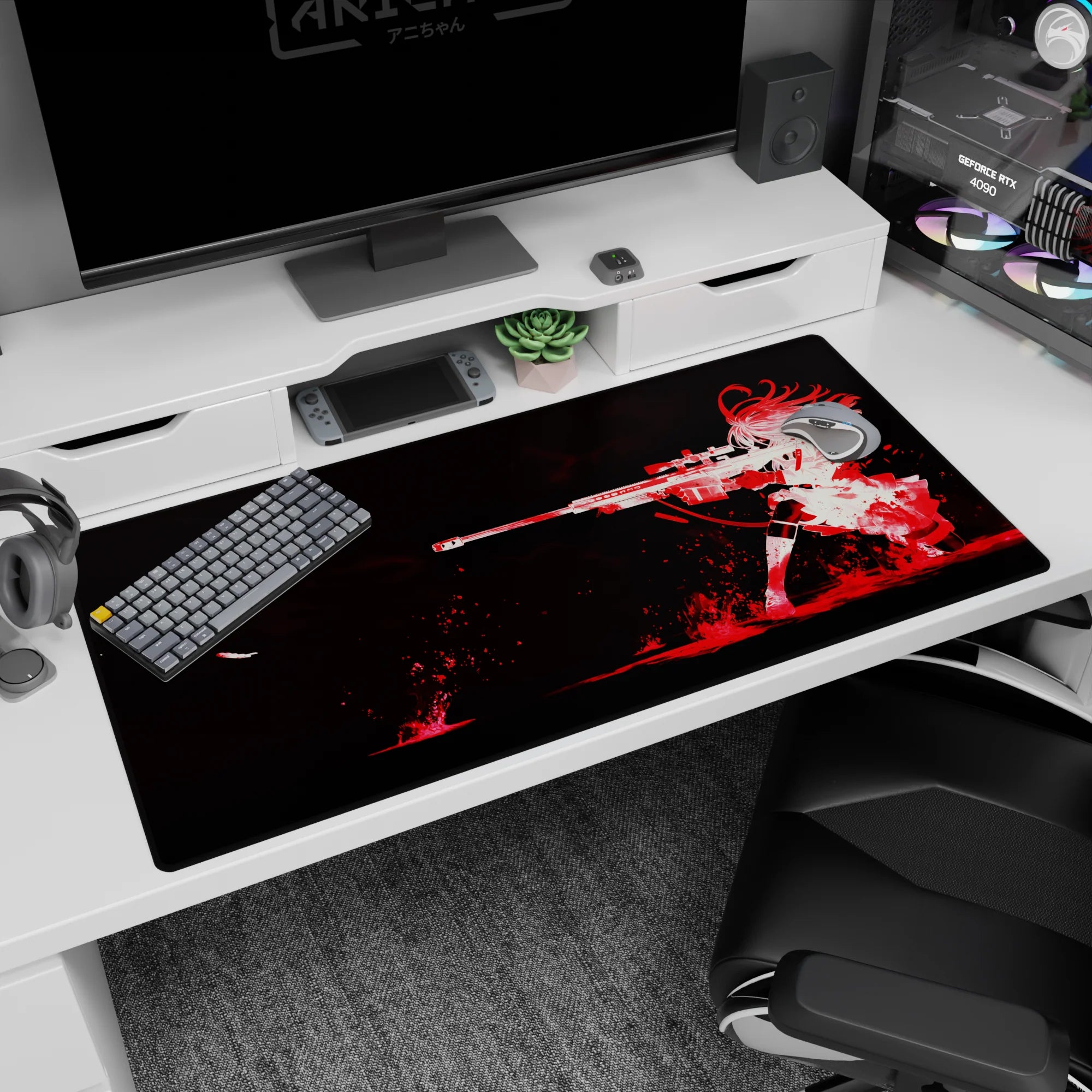 Anime sharpshooter girl in sniper pose desk pad 40x20 inches, white silhouette over red splatter.
