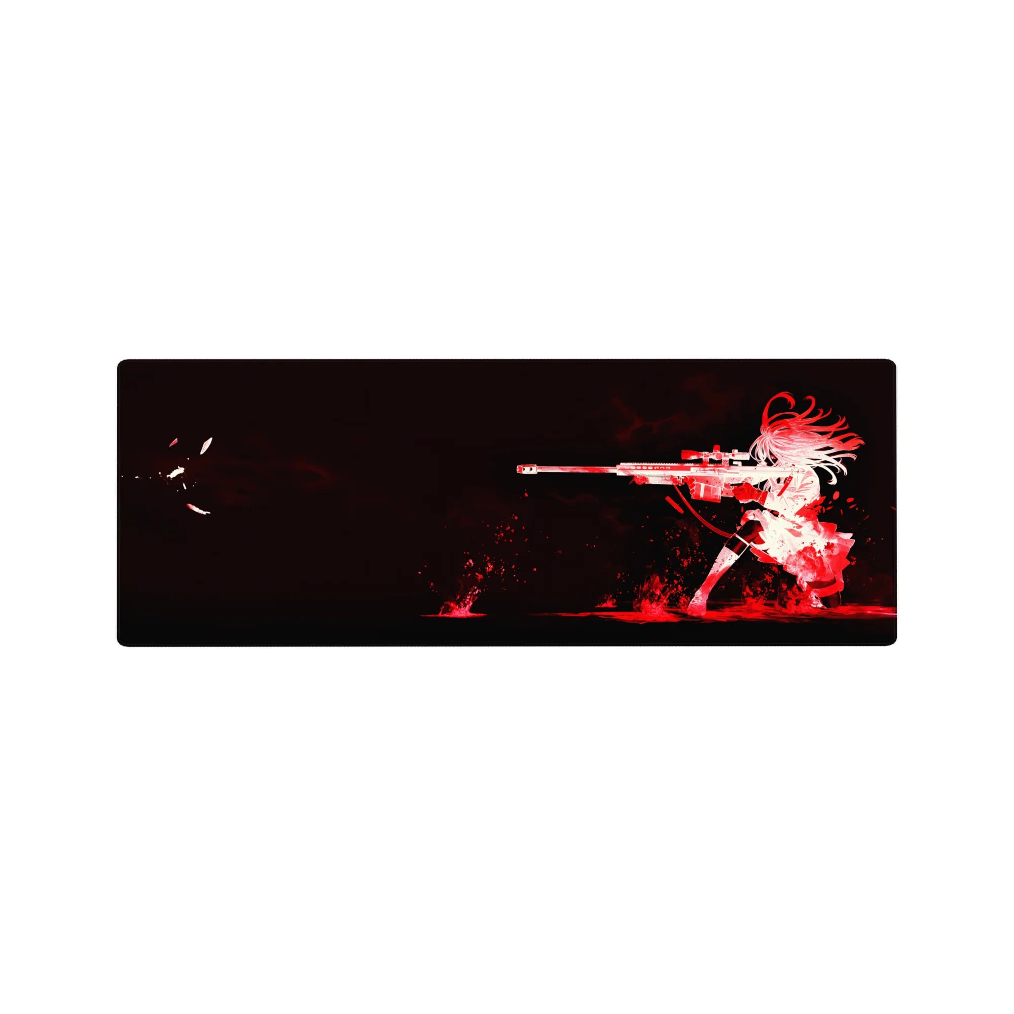 32x12 inches anime girl mouse pad with white sniper silhouette on black background and red splatter design.