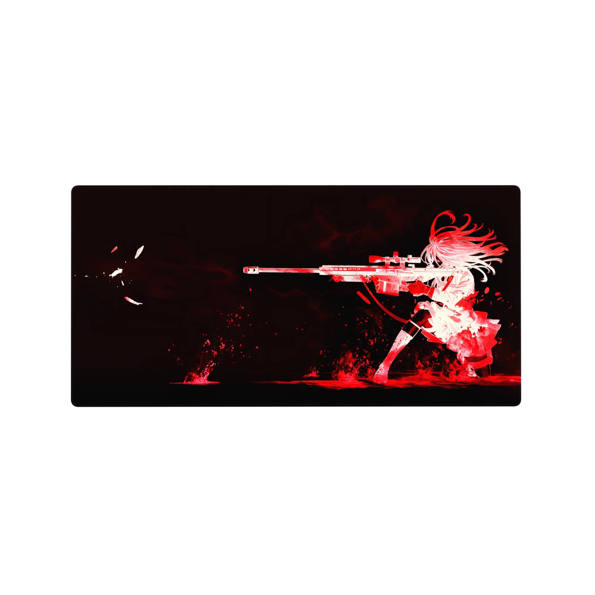 32x16 inches anime girl mouse pad with white sniper silhouette on black, red splatter background.