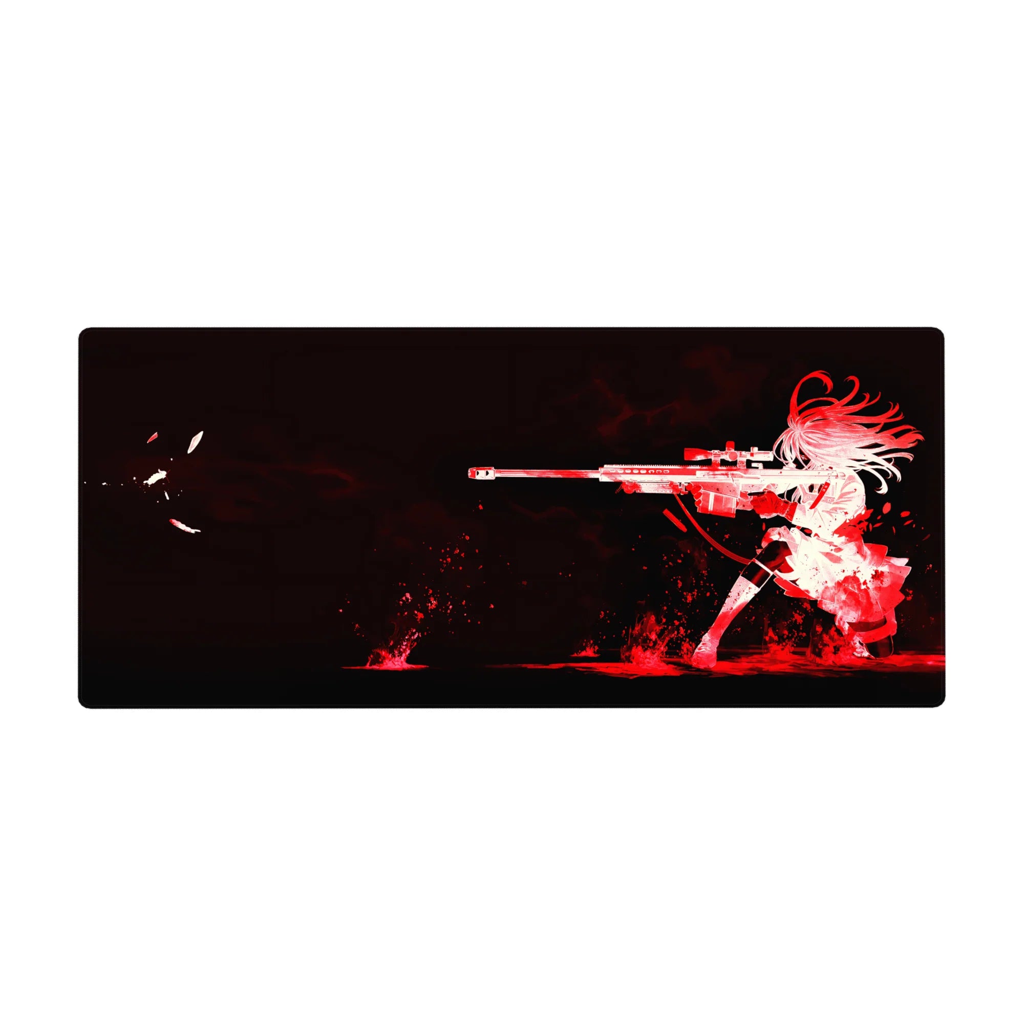 Anime girl sniper silhouette desk pad 36x16 inches with red splatter on deep black background.