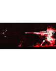 Anime girl sniper silhouette desk pad 36x16 inches with red splatter on deep black background.