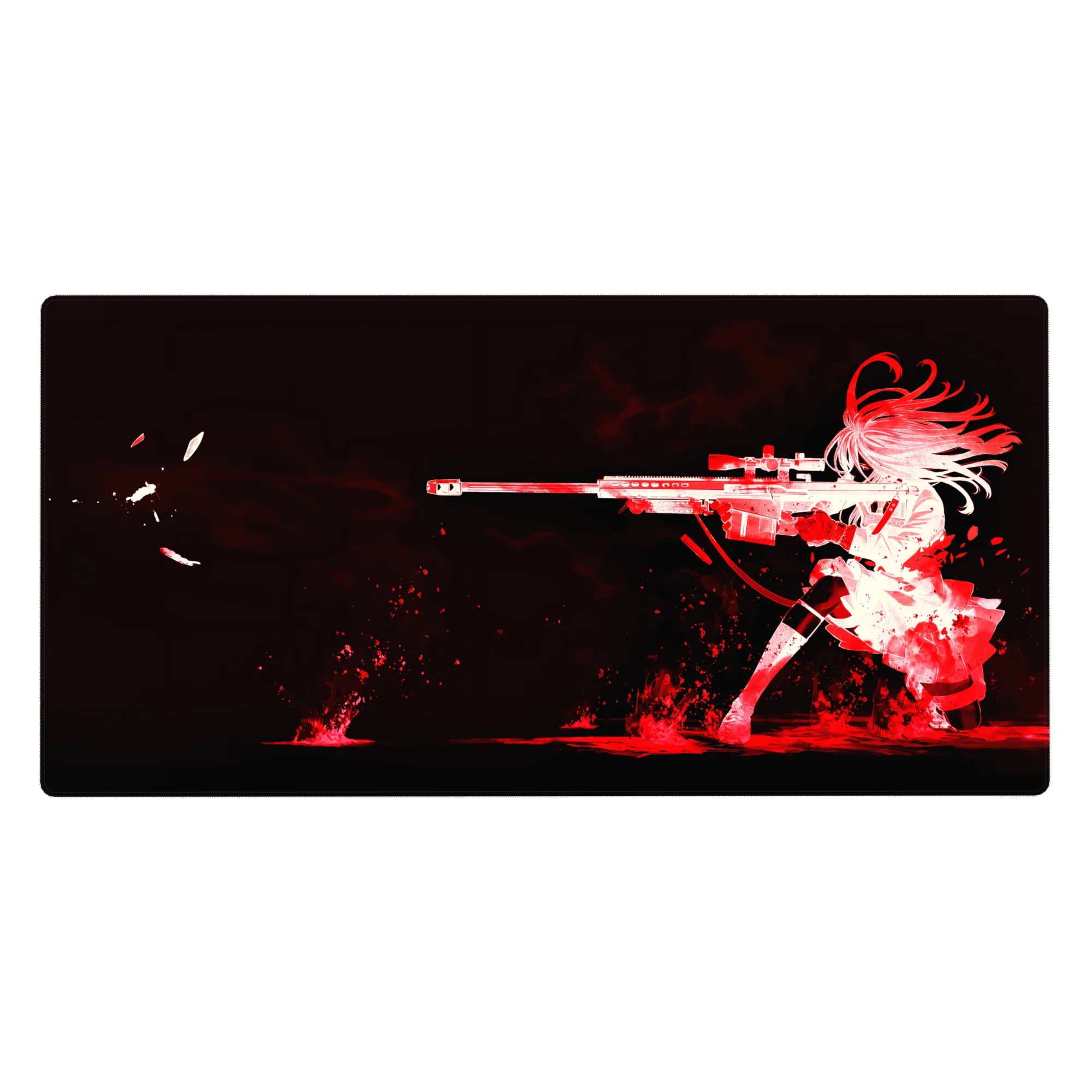 Anime girl sniper silhouette desk pad 40x20 inches with splattered crimson accents on black.