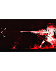 Anime girl sniper silhouette desk pad 40x20 inches with splattered crimson accents on black.