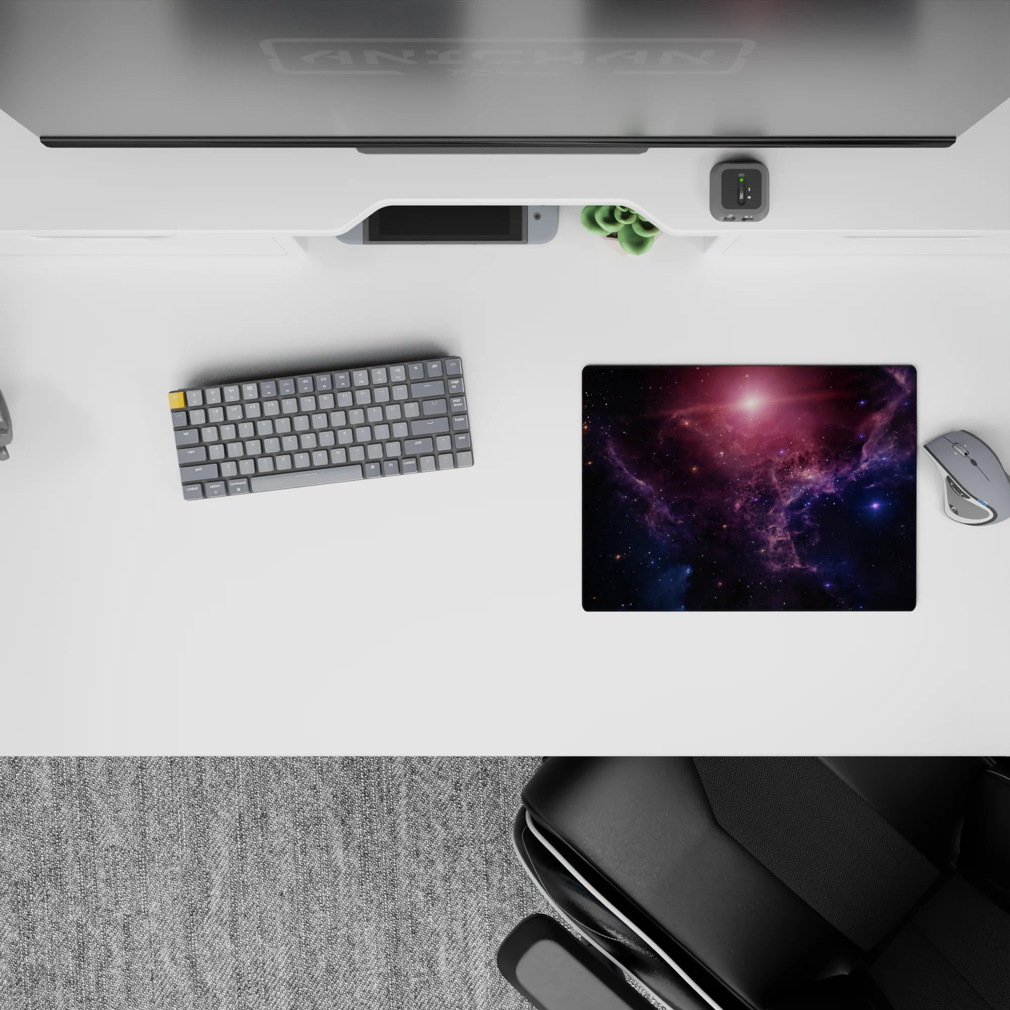 Classic 14x10 inches mouse pad in deep navy and violet with a soft pink glow, calm cosmic mood and sparkle.