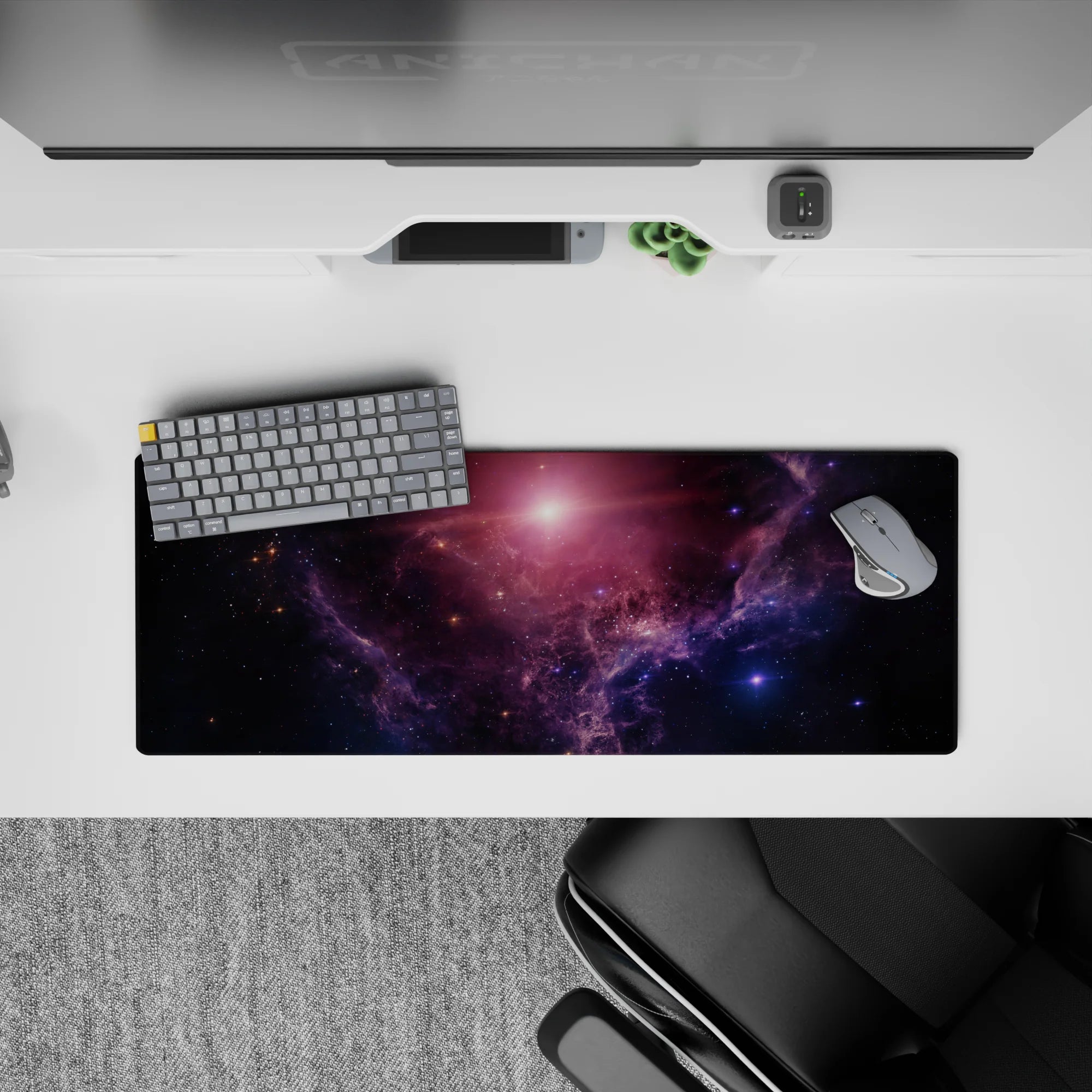 Deep navy and violet haze mouse pad, 32x12 inches, with soft pink sunrise glow and calm mood.