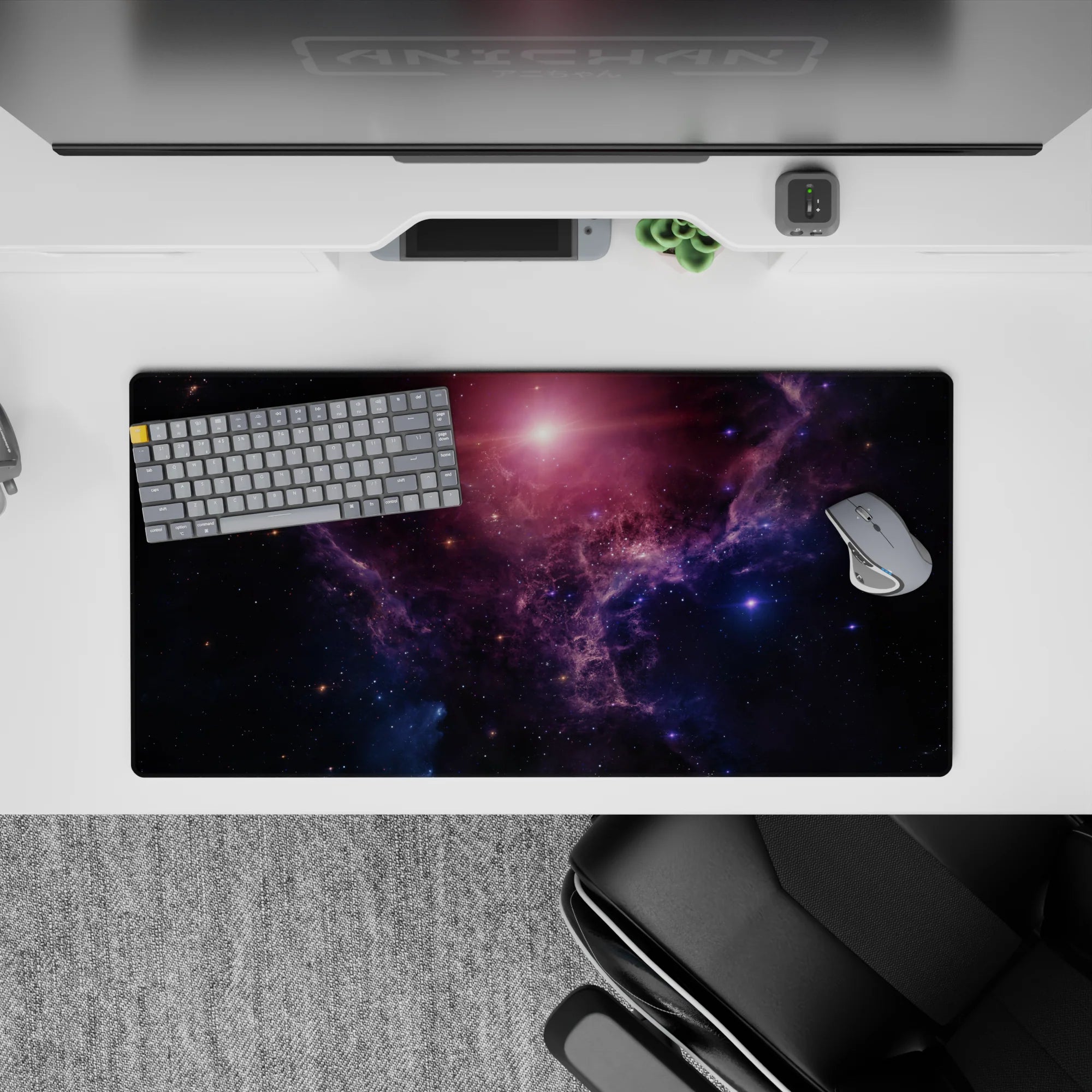Deep navy and violet mouse pad, 32x16 inches, with soft pink sunrise glow for a calm late-night vibe.
