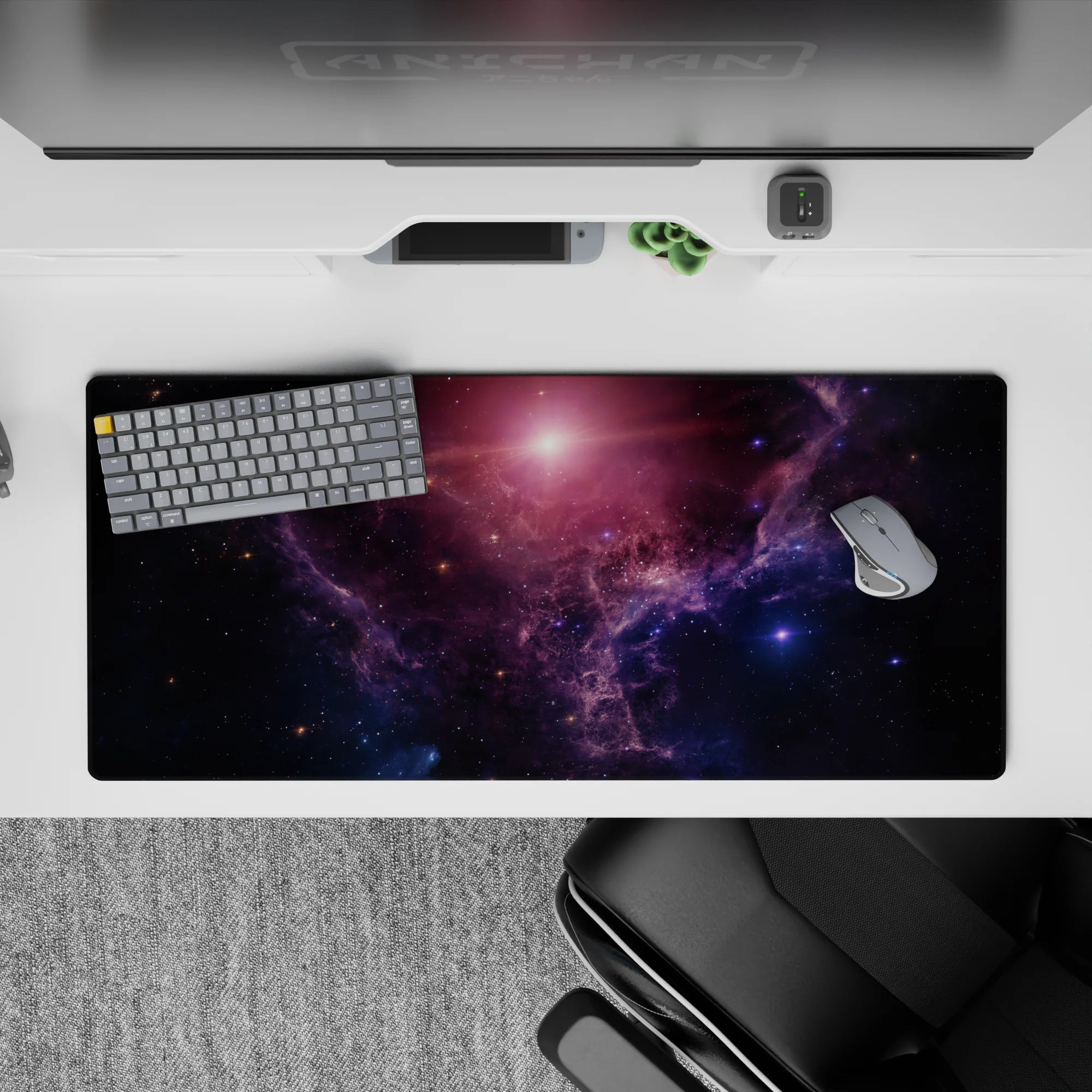 Deep navy and violet desk pad 36x16 inches with soft pink glow for a calm, dreamy workspace.