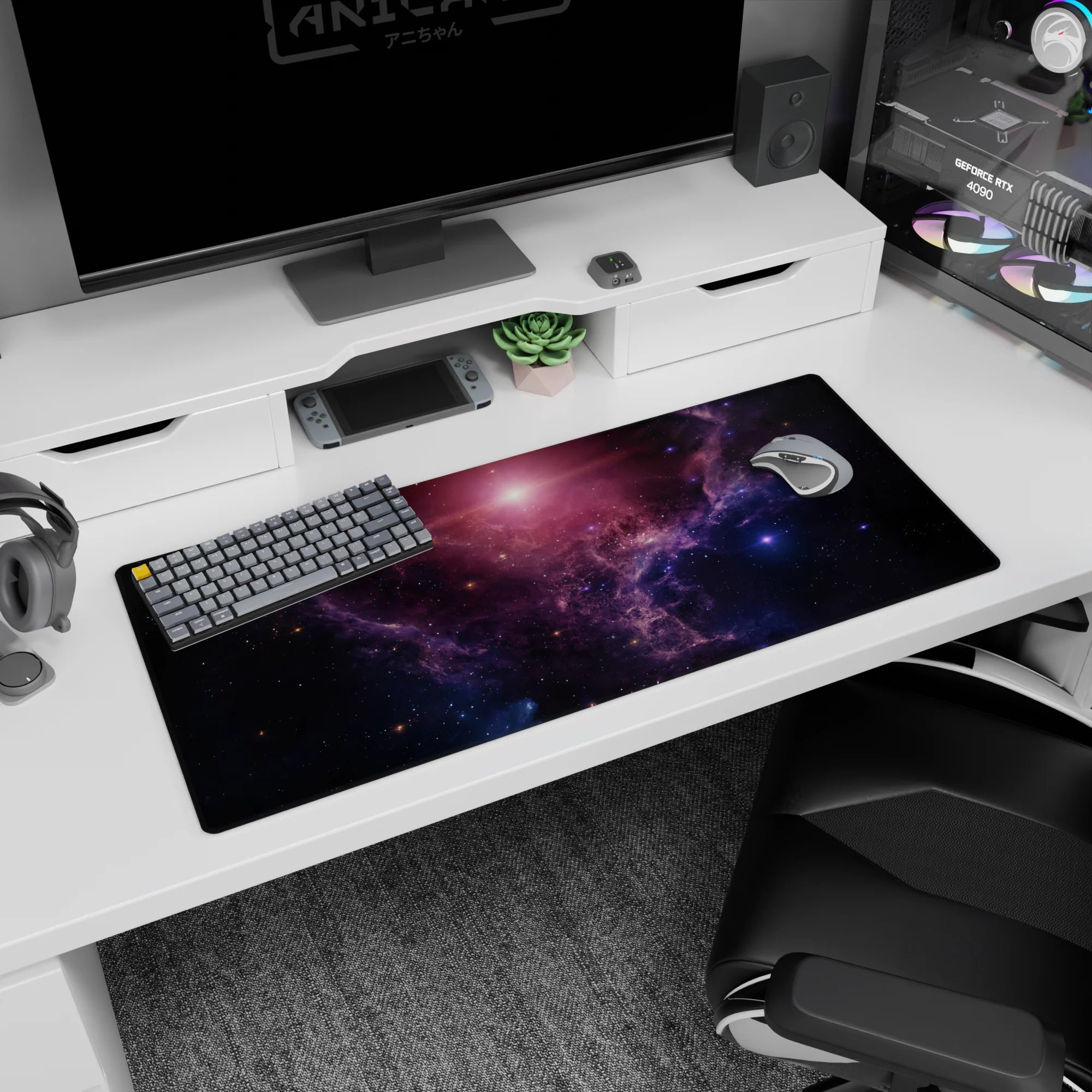 Star-speckled galaxy desk pad 36x16 inches showing a painted-look nebula and distant sunrise haze.