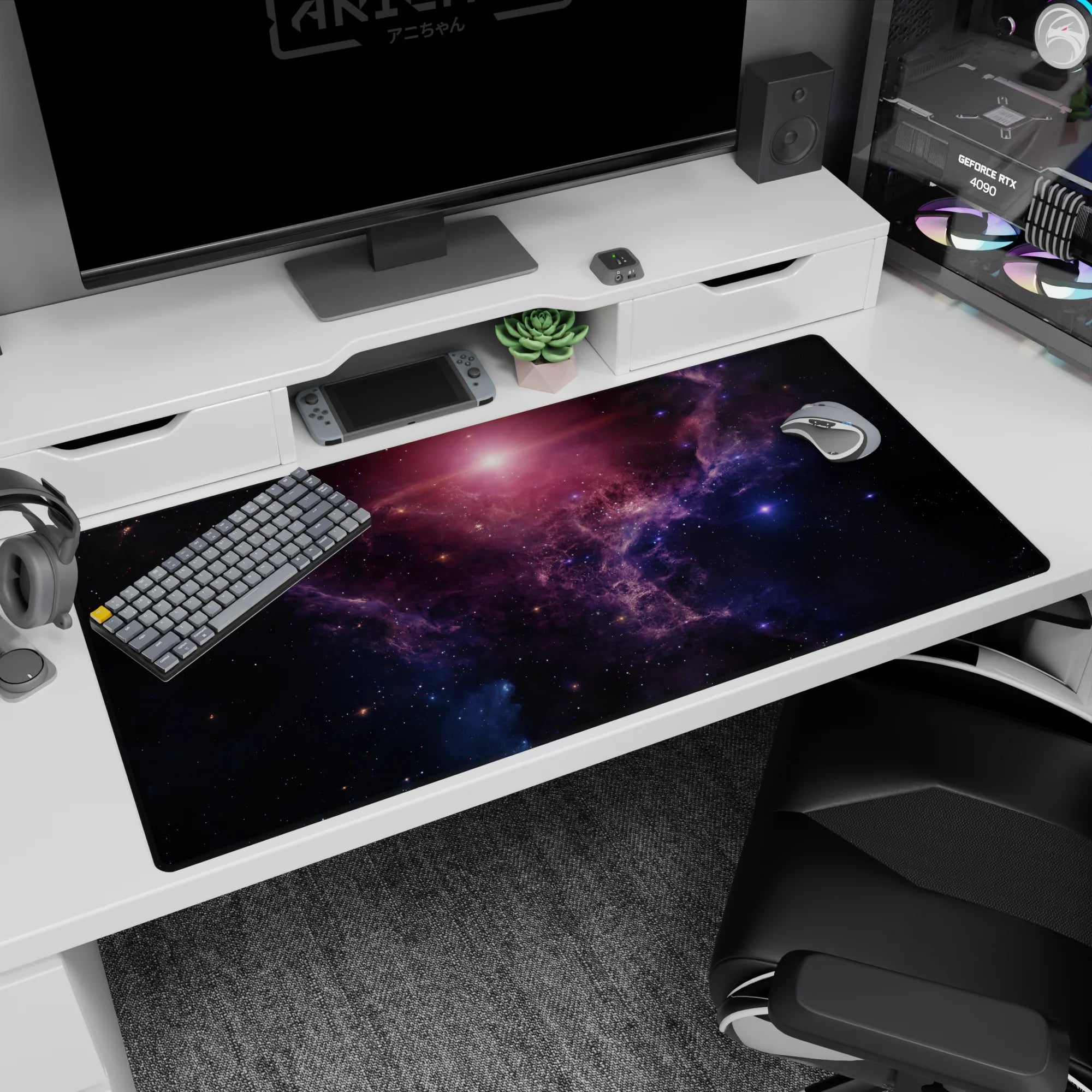 Star-speckled galaxy scene desk pad with painted cloud textures, 40x20 inches.