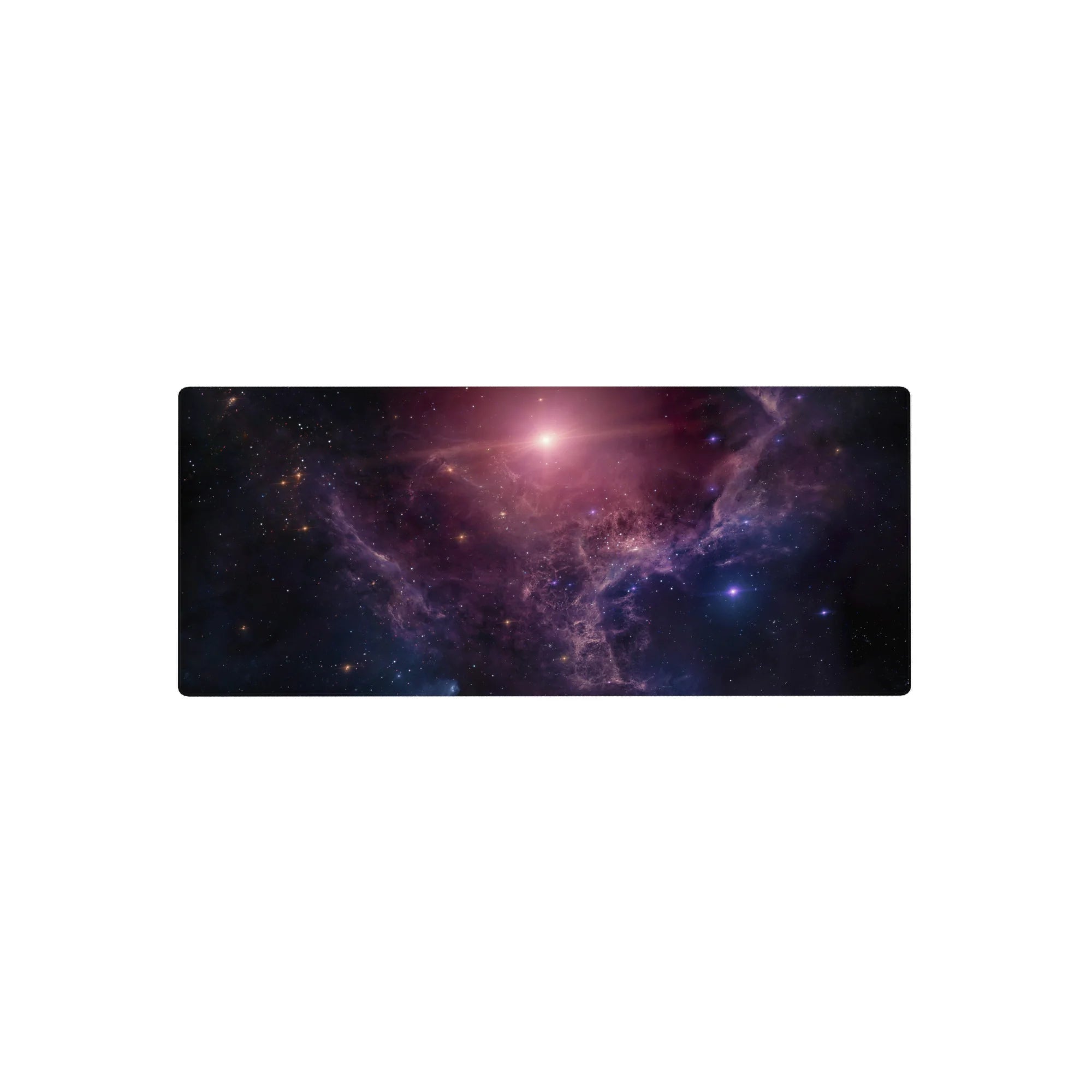 Cosmic nebula starfield desk mouse pad, 28x12 inches, with painted cloud textures and scattered starlight.