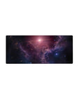 Cosmic nebula starfield desk mouse pad, 28x12 inches, with painted cloud textures and scattered starlight.