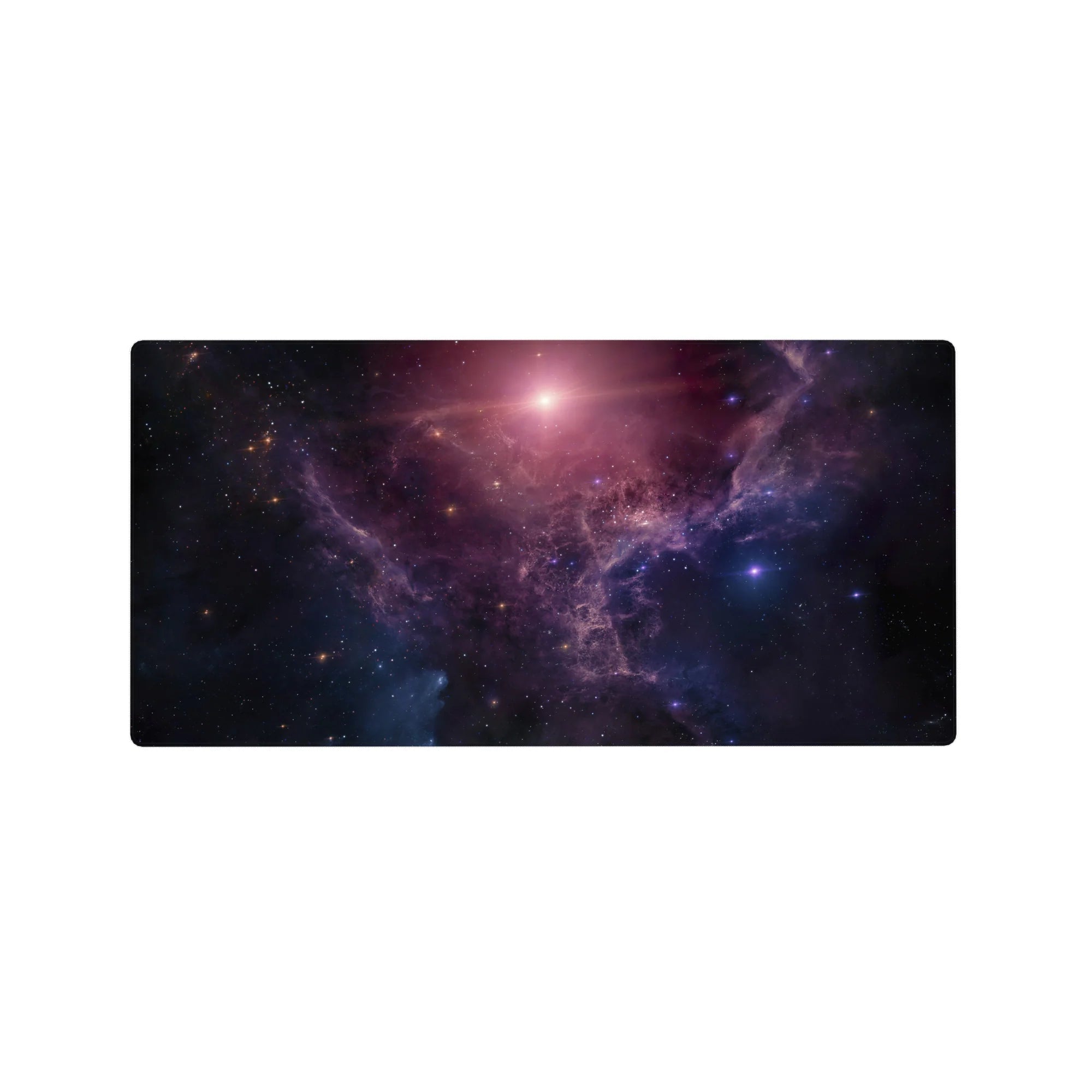 Cosmic nebula starfield desk mouse pad, 32x16 inches, with painted cloud textures and scattered starlight.