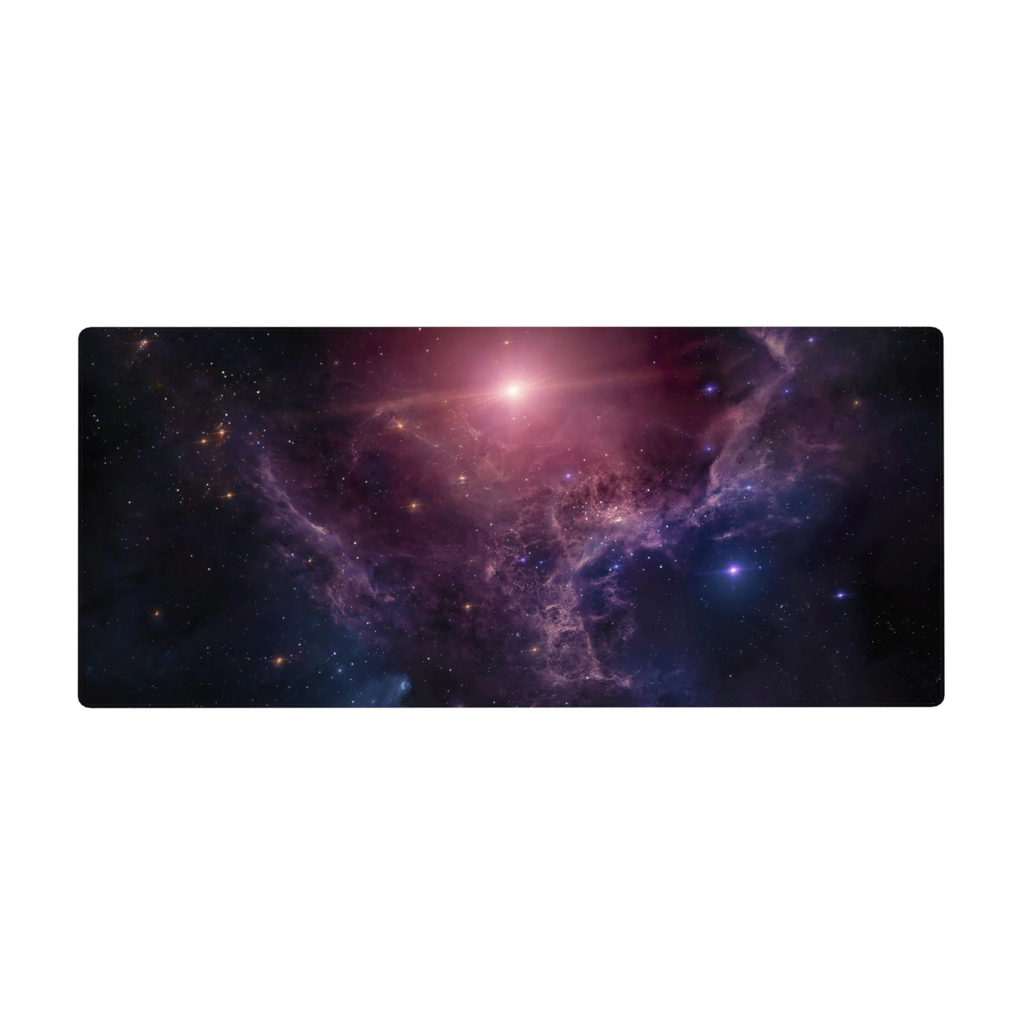Cosmic nebula starfield desk pad 36x16 inches with swirling clouds and scattered starlight.