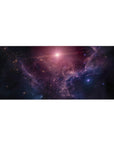Cosmic nebula starfield desk pad 36x16 inches with swirling clouds and scattered starlight.