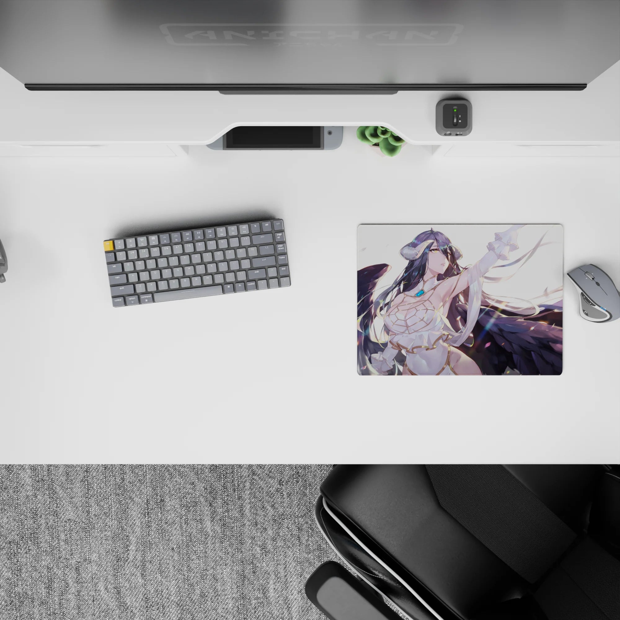 Albedo from Overlord anime on a 14x10 inch mouse pad; her flowing hair and wings against a soft white backdrop with feathers.