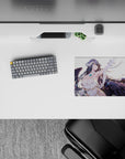 Albedo from Overlord anime on a 14x10 inch mouse pad; her flowing hair and wings against a soft white backdrop with feathers.