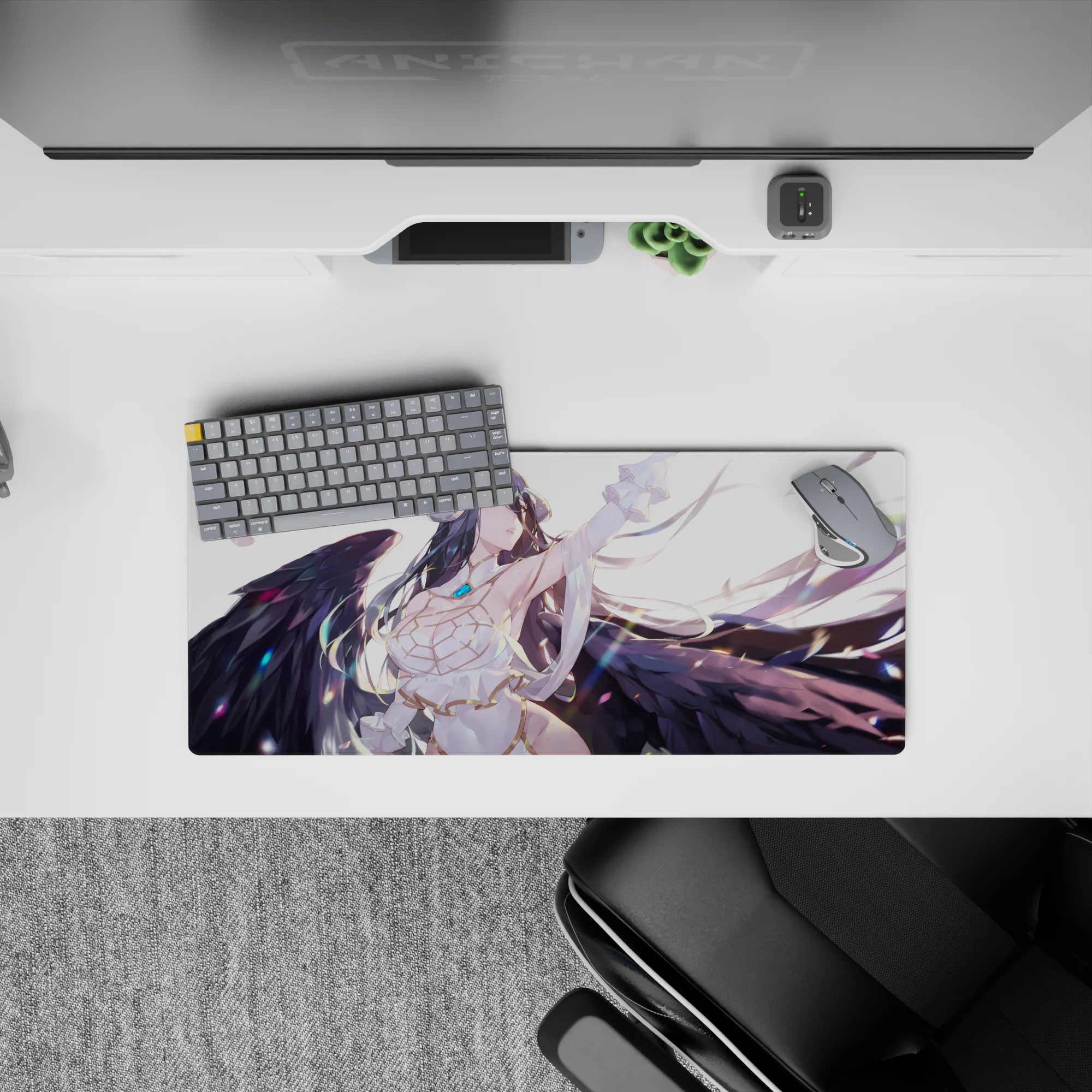 Albedo from Overlord anime on a 28x12 inch mouse pad, featuring her ethereal wings, flowing hair, and a serene, yet fierce gaze.