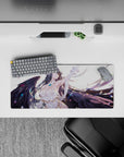 Albedo from Overlord anime on a 28x12 inch mouse pad, featuring her ethereal wings, flowing hair, and a serene, yet fierce gaze.