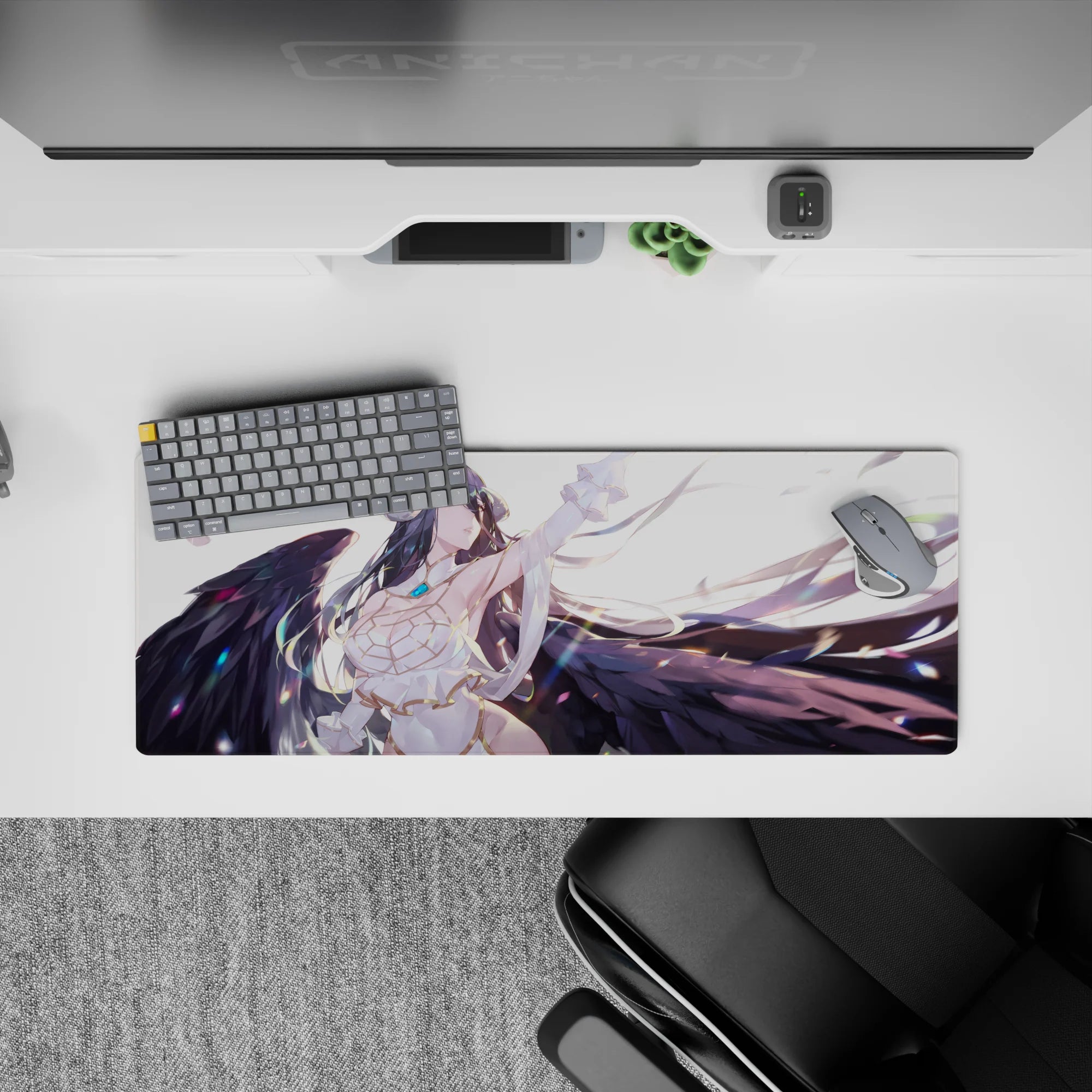 Albedo from Overlord in a 32x12 inch mouse pad, featuring her flowing hair and wings with a serene, fierce expression.