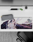 Albedo from Overlord in a 32x12 inch mouse pad, featuring her flowing hair and wings with a serene, fierce expression.