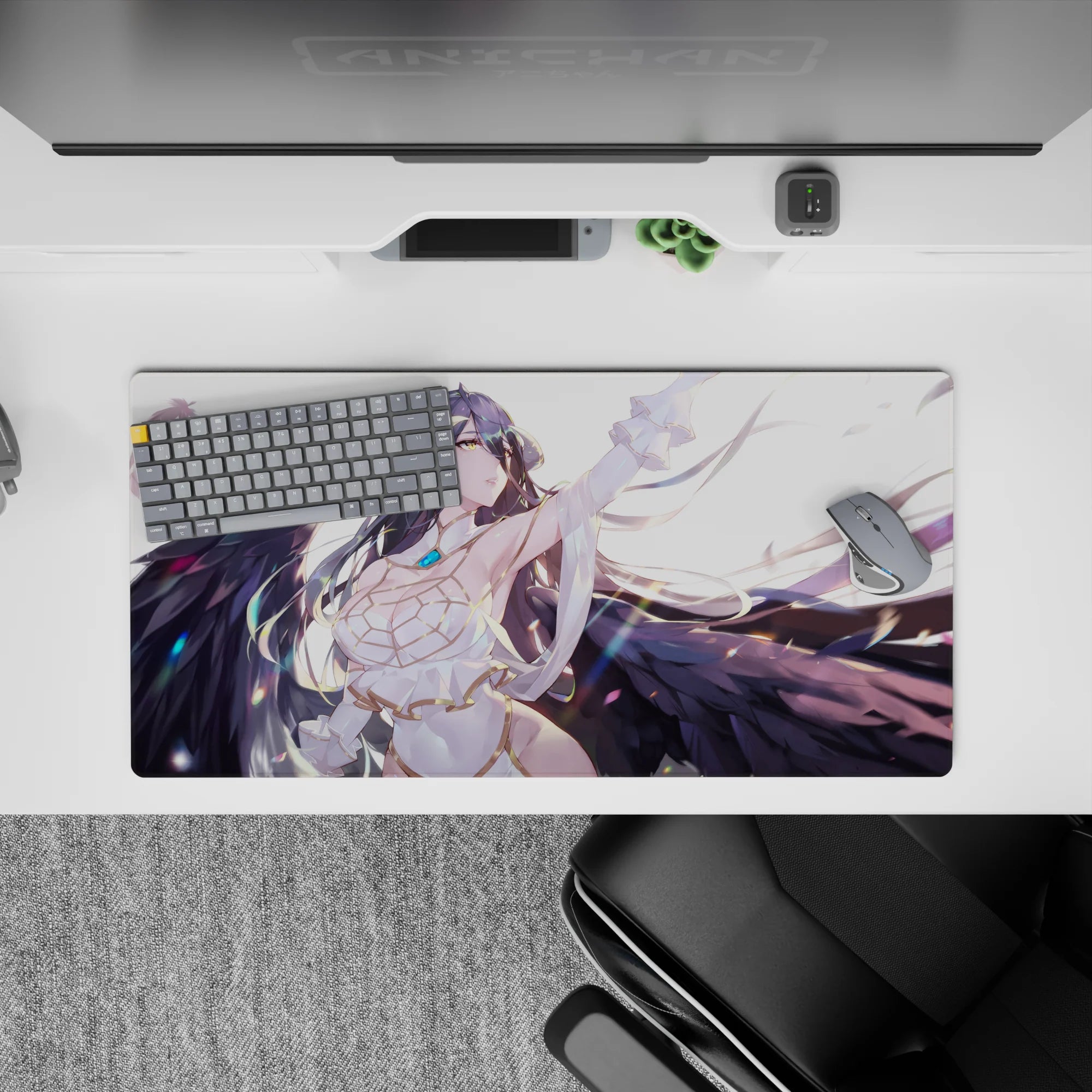 Albedo from Overlord in an angelic pose on a 32x16 inch mouse pad, with flowing hair and wings, set against a feathered background.