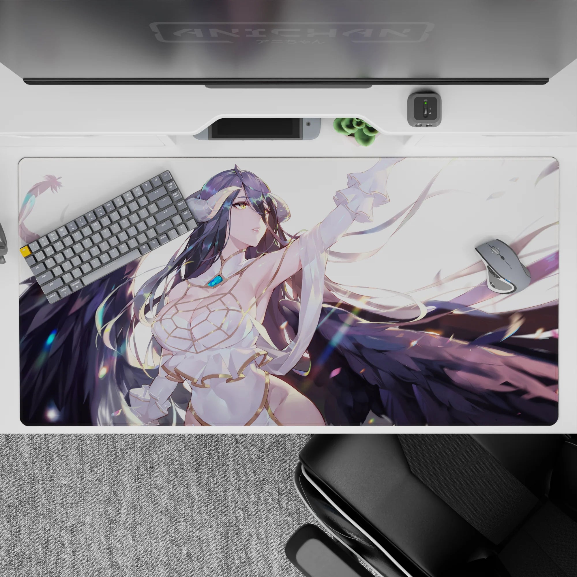 Albedo from Overlord stands proud with wings and flowing hair, 40x20 inches, perfect for anime mouse pad collections.